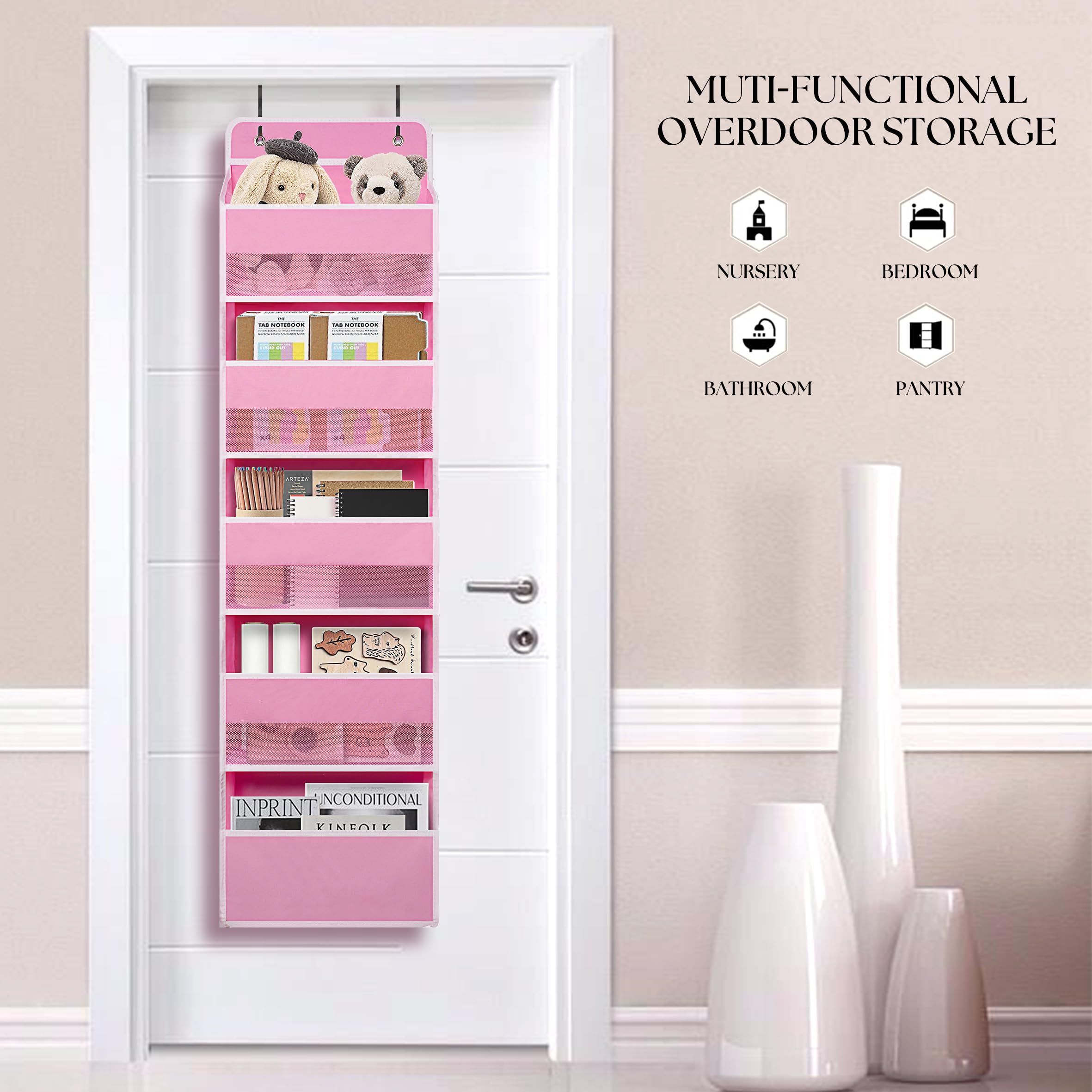 Over Door Organizer with 5 Large Pockets - Heavy Duty Hanging Storage for Closet, Bathroom, Nursery & Dorm - Perfect for Toys, Cosmetics, Sundries & Baby Essentials (Pink) - Space Saving Solution for Small Rooms & Apartments
