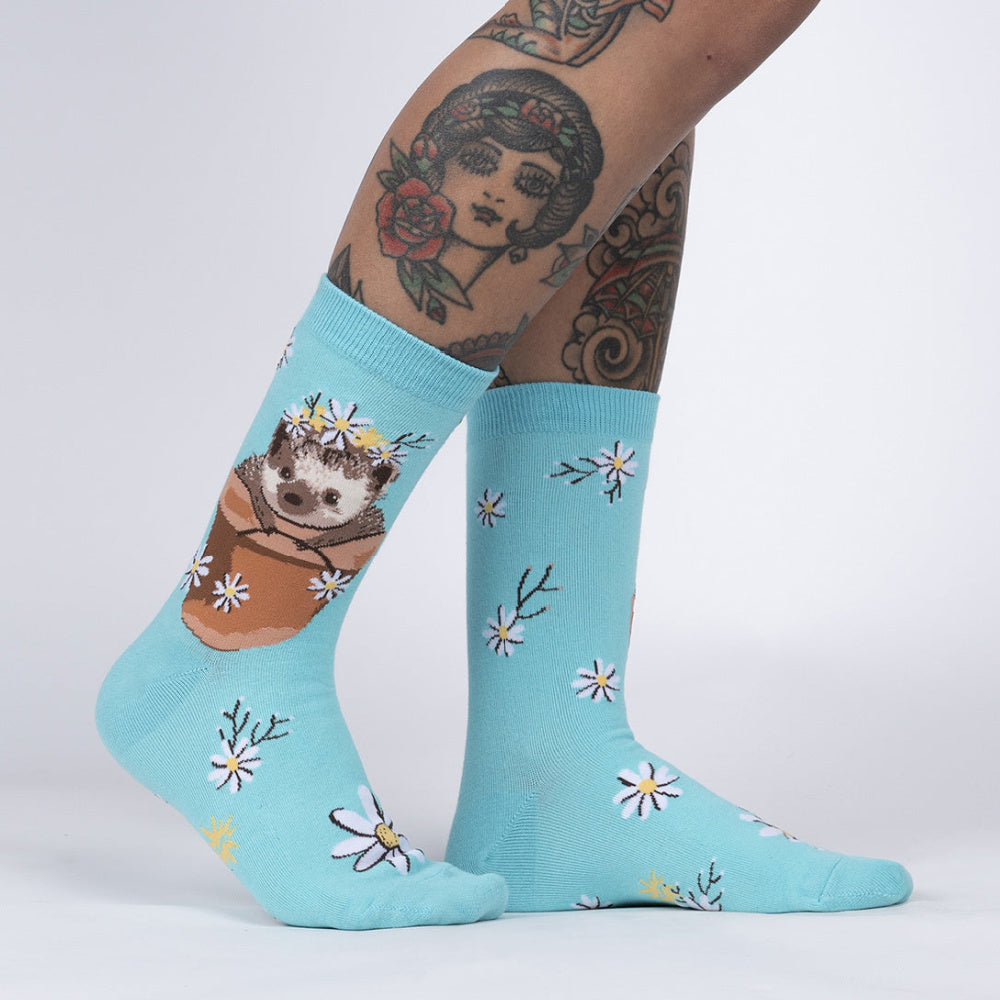 Sock It To Me Crew Women's Socks - My Dear Hedgehog Design - Fun & Comfortable Cotton Socks for Everyday Wear, Gifts, and Casual Outfits