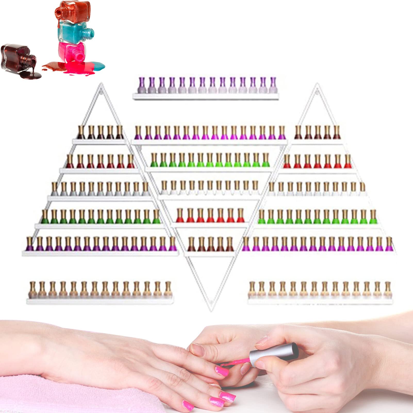 YCO LJ 5-Tier Wall Mounted Metal Nail Polish & Essential Oil Organizer - Triangle Floating Shelf for Salon, Bathroom & Bedroom Storage - Space-Saving Perfume Display Rack with Durable Wall Mount Shelves