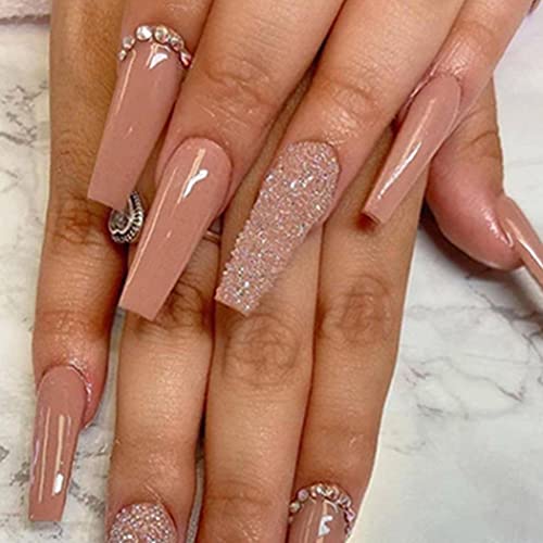 Aksod 24Pcs Super Long Coffin Press on Nails - Glossy Nude Fake Nails with Glitter Rhinestone Design, Ballerina Full Cover Artificial Nails for Women & Girls | Perfect for Parties, Weddings, and Special Occasions