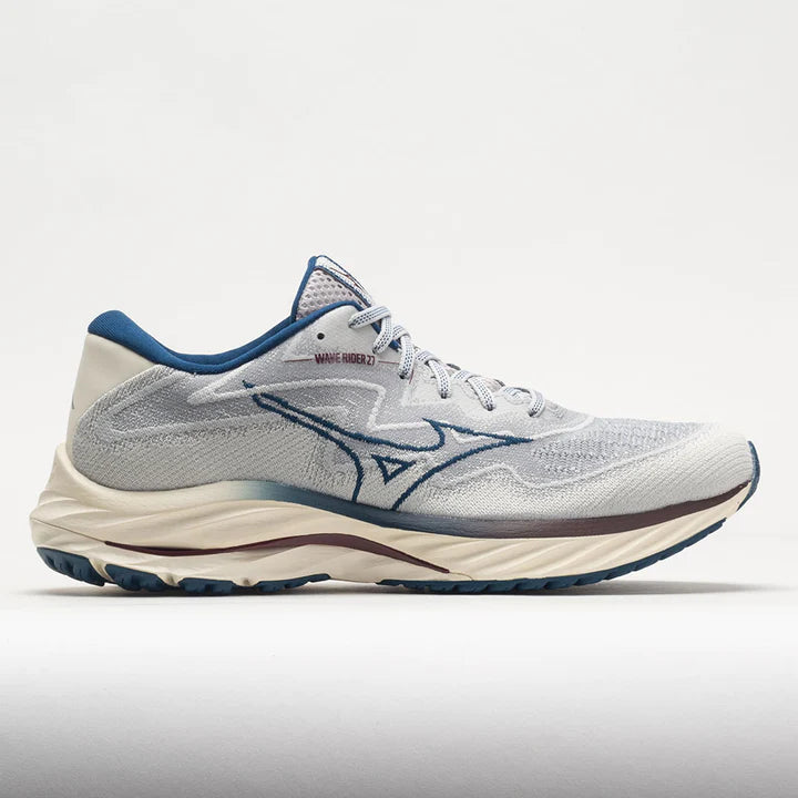 Mizuno Wave Rider 27 Running Shoes for Men - Lightweight Cushioned Road Running Sneakers in Papyrus/Blue Opal/Lunar Rock - Perfect for Marathon Training & Daily Jogging