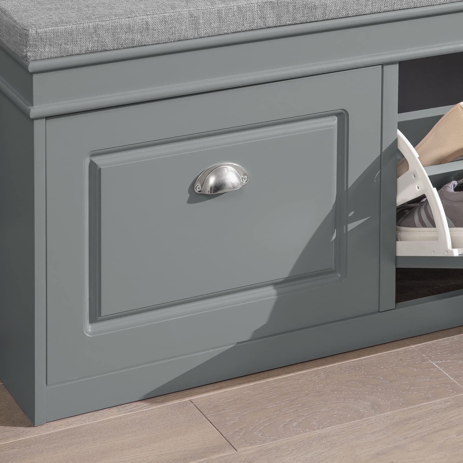 Modern Shoe Storage Bench with 2 Flip Drawers & Cushion - Entryway Shoe Cabinet Organizer for Hallway, Grey FSR64-HG | Perfect for Small Spaces, Mudroom Organization & Shoe Storage Solution