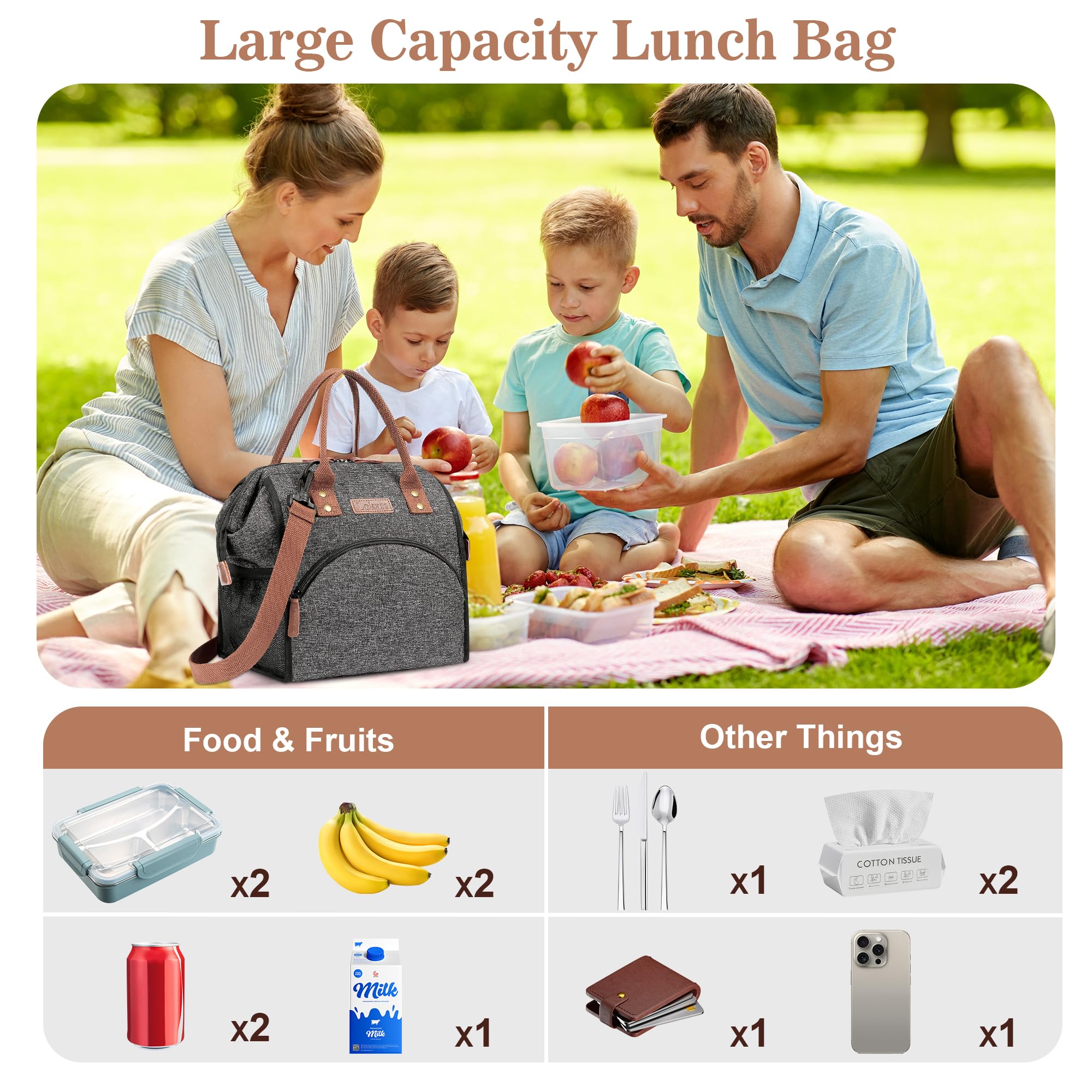 LOKASS Insulated Lunch Bag for Adults - Large Wide-Open Lunch Box with Drinks Holder & Removable Shoulder Strap - Durable Nylon Lunch Tote for Work, School, Picnic & Outdoor Activities - Black