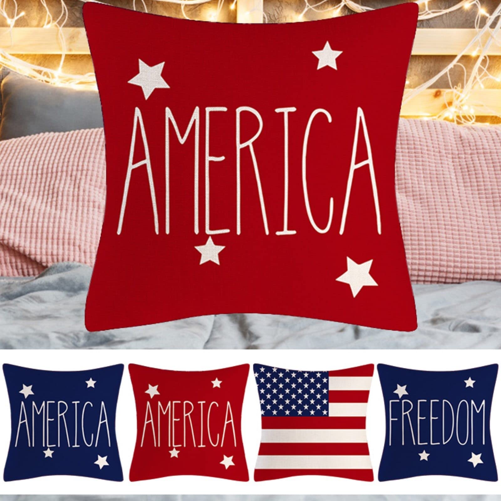 17.7x17.7 Inch Patriotic Memorial Day Decorations - American Flag Stars and Stripes Throw Pillow Covers for Sofa, Bed, Couch | Gnome Home Decor | Satin Pillowcases for Independence Day & Fourth of July Celebrations