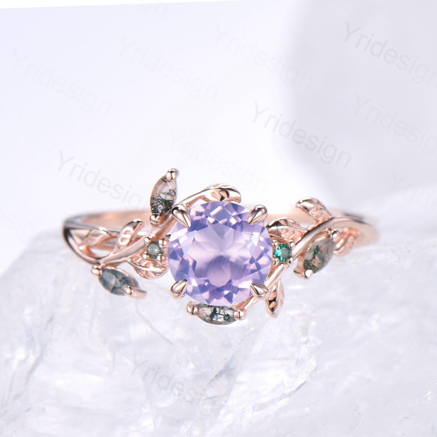 Lavender Amethyst & Green Moss Agate Engagement Ring Set - Rose Gold Stackable Wedding Bands for Women - Nature Inspired Jewelry for Bridal, Anniversary & Everyday Wear