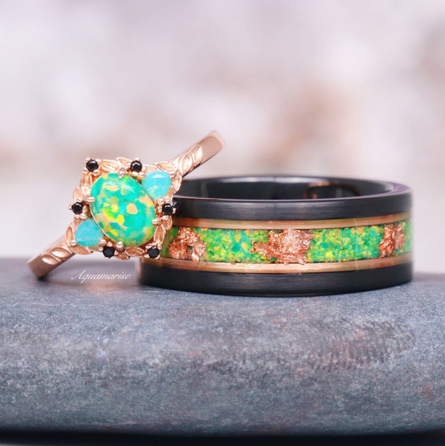 Green Fire Opal Leaf Couples Ring - Nature Inspired Wedding Band for Him & Her - Perfect for Anniversaries, Engagements and Romantic Gifts