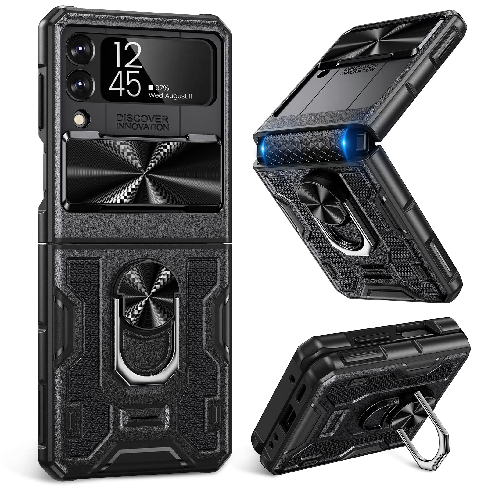 Caka Galaxy Z Flip 3 Case with Hinge Protection, Camera Cover & Kickstand - 360° Rotating Ring Stand (Black) | Shockproof Protective Cover for Samsung Z Flip 3 | Perfect for Work, Travel & Everyday Use