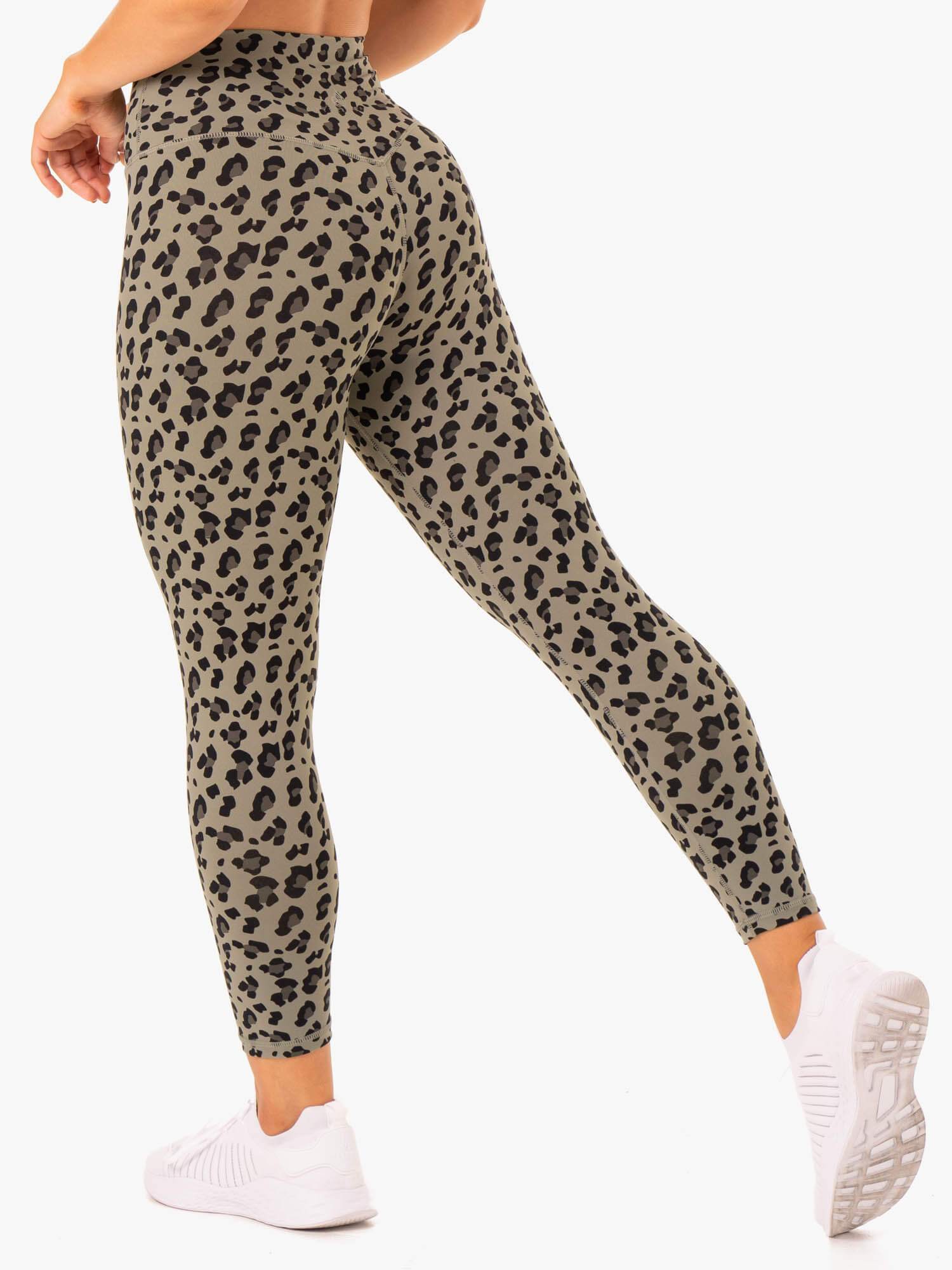 Hybrid Full Length Leggings - Khaki Leopard Print Yoga Pants for Women | High Waisted Workout Leggings for Running, Gym & Lounge