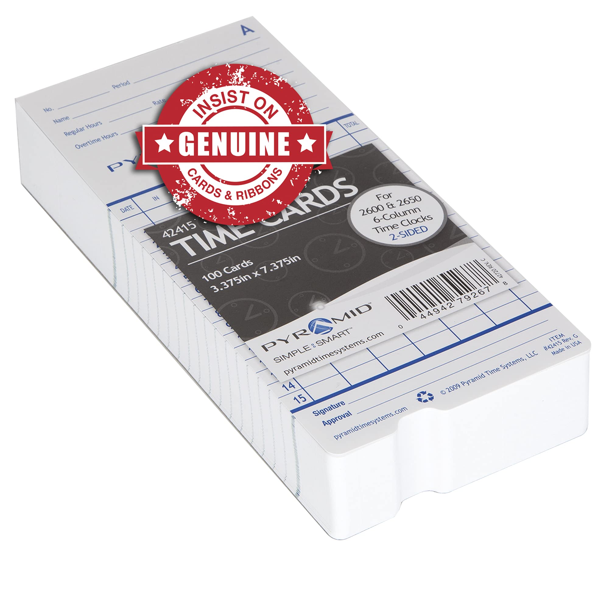 Pyramid Time Systems 42415MB 1000 Count Authentic Time Cards for 2600 & 2650 Time Clocks - Bulk Pack for Employee Time Tracking, Payroll Management & Office Attendance Systems