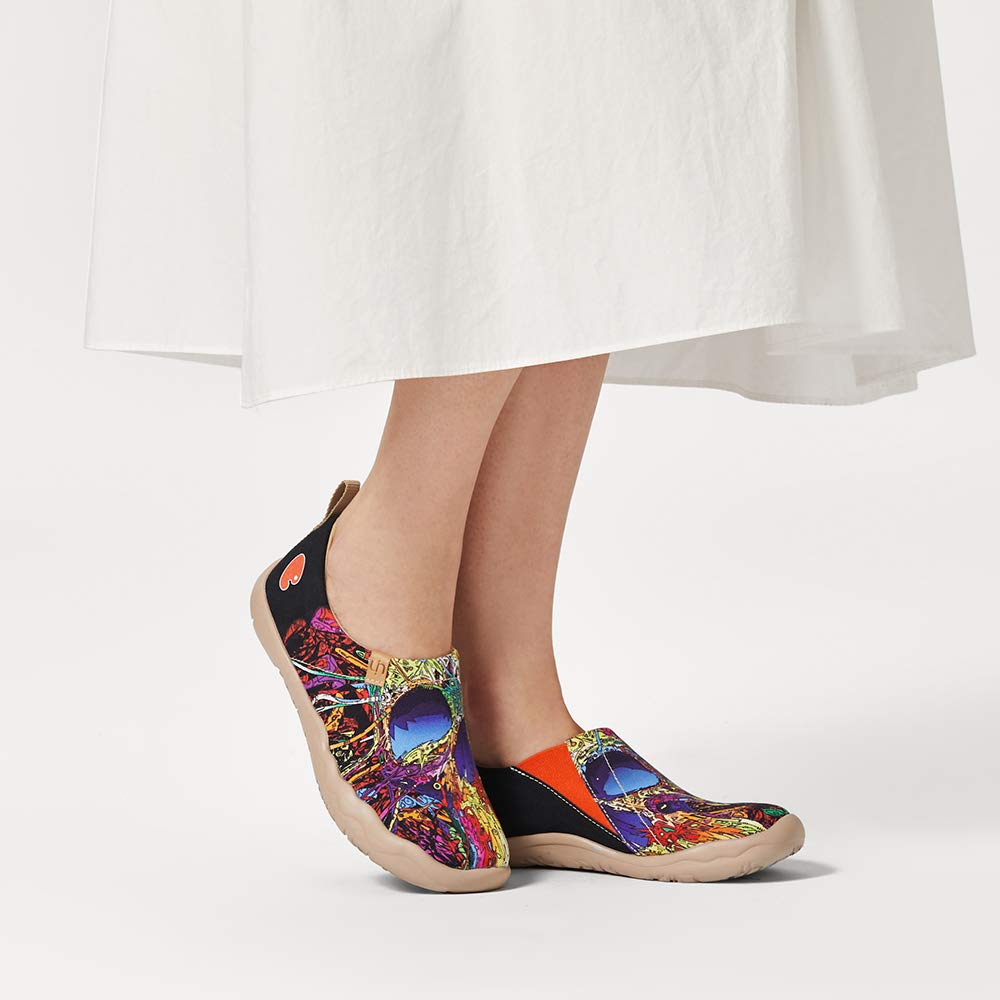 UIN Women's Lightweight Slip-On Walking Shoes - Comfortable Casual Flats with Artistic Paint Design - Perfect for Travel, Work & Everyday Wear (Size 36)