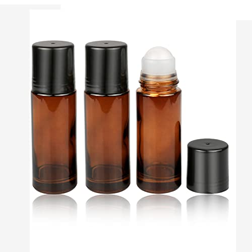 3 Pack Amber Glass Roll-On Deodorant Bottles - 50ml/1.7oz Refillable Essential Oil & Perfume Containers for DIY Natural Deodorant, Aromatherapy & Cosmetics - Perfect for Home, Travel & Gift Giving