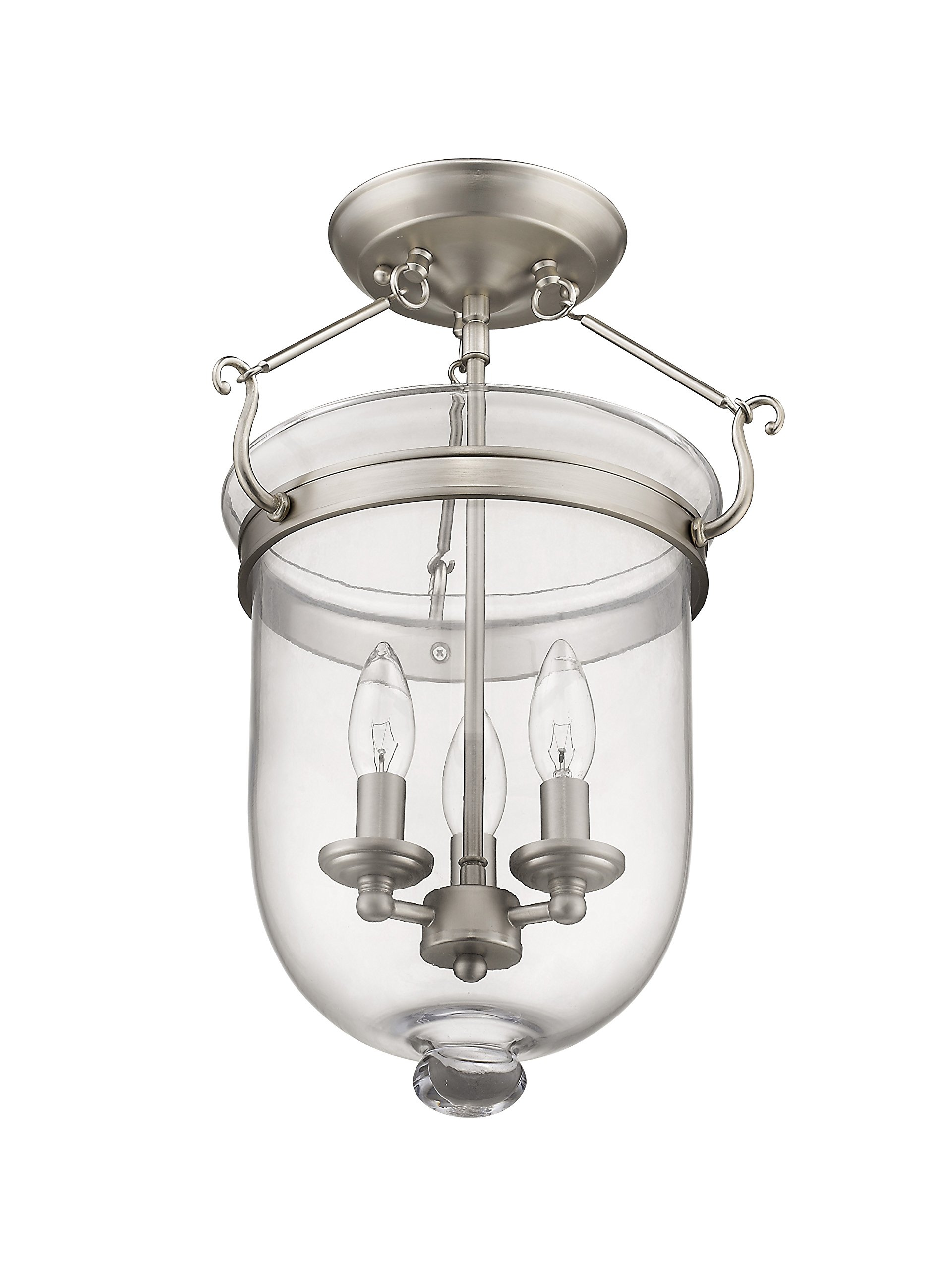 Livex Lighting Jefferson 3-Light Brushed Nickel Semi-Flush Mount Bell Jar Ceiling Fixture with Clear Glass Shades - Perfect for Dining Room, Bedroom, or Entryway Lighting