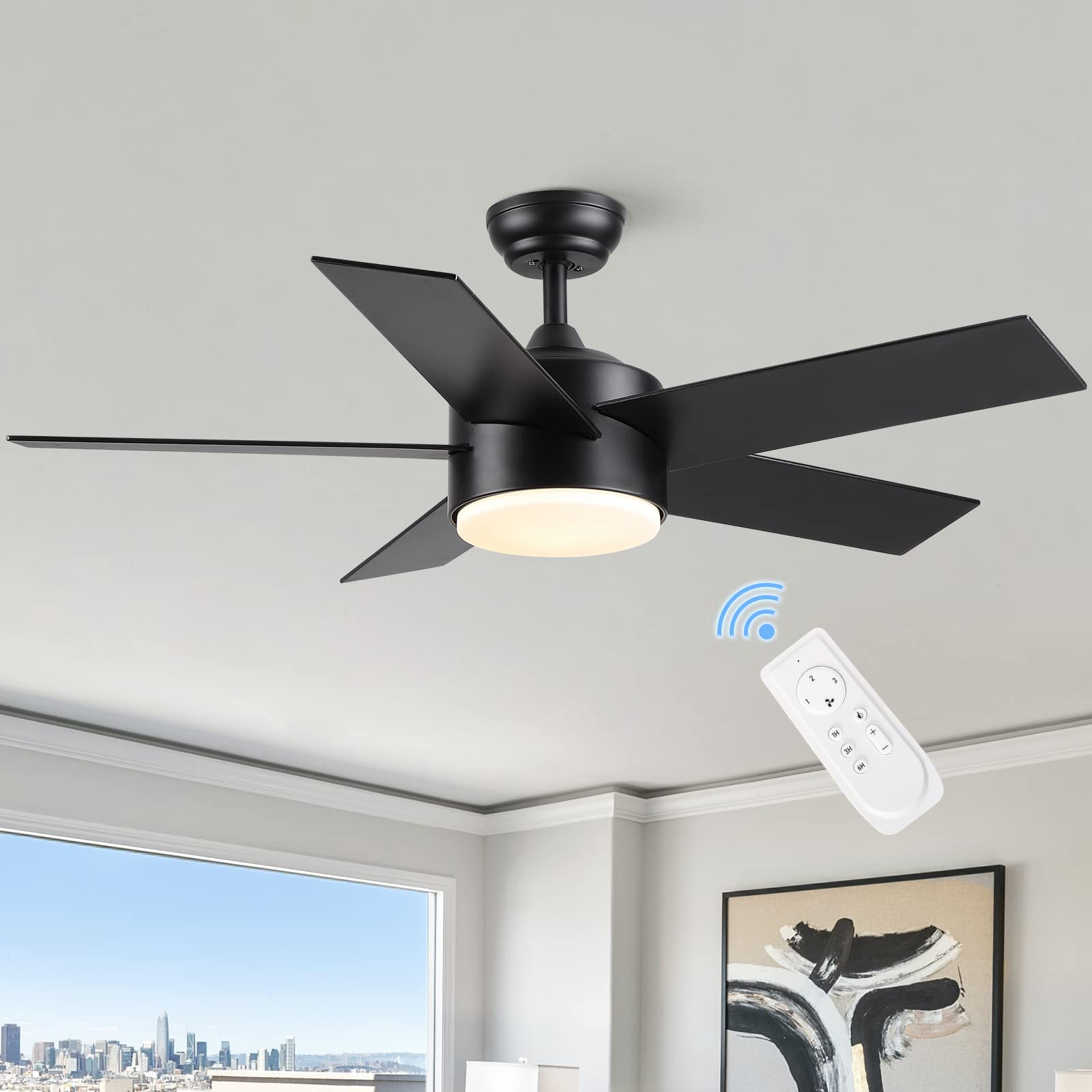POCHFAN 44 Inch Black Ceiling Fan with Light Remote Control - Dimmable LED Ceiling Fan, 3 Color Temperatures, Reversible Blades, Modern Design for Bedroom, Living Room, Dining Room | Perfect for Home Cooling and Stylish Lighting