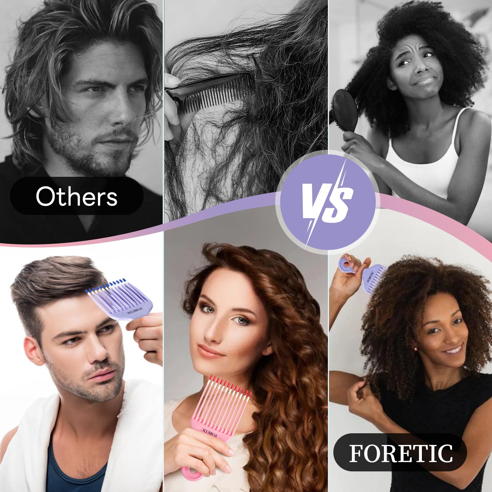 Best Smooth Hair Pick Comb for Curly, Thick & Long Hair - Detangling & Styling Tool for Natural, Coily & Facial Hair (Pink, Purple) - Perfect for Salon, Home & Travel Use