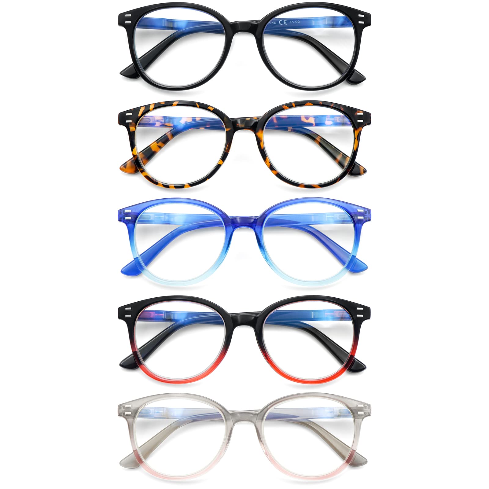COJWIS Blue Light Blocking Reading Glasses 5 Pack - Anti Glare Spring Hinge Readers for Men & Women (Multicolor, +1.25 Magnification) - Perfect for Computer Use, Reading & Office Work
