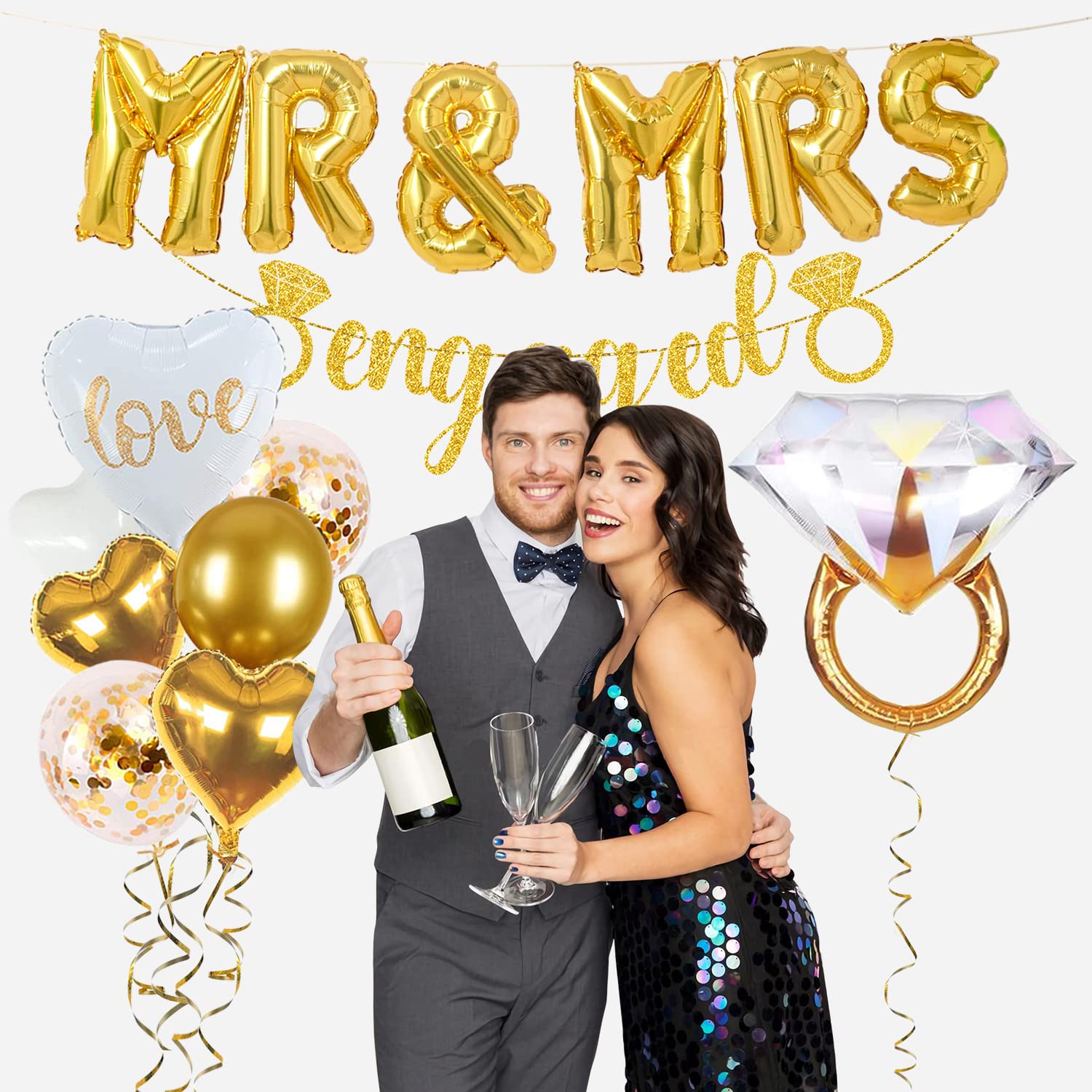 Sparkly Gold Engagement Party Decorations Set - Engaged Banner, Cake Toppers, Confetti & Ring Balloons for Wedding, Bridal Shower & Anniversary Celebrations | Elegant Glitter Party Supplies