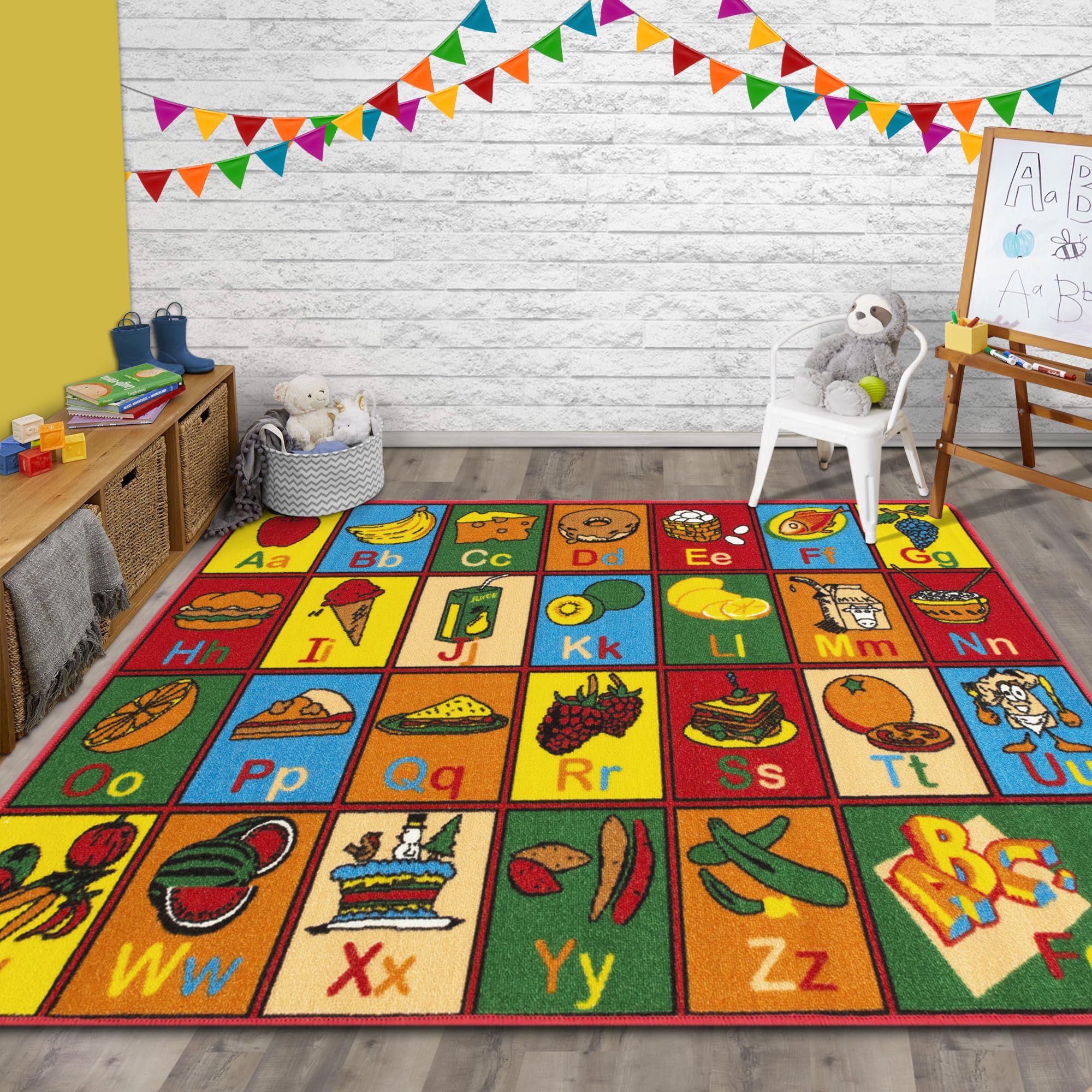 HR Kids Educational ABC Food & Fruits Learning Rug - Non-Slip Rubber Back Play Mat for Toddlers | Colorful Alphabet & Nutrition Playtime Mat for Nursery, Classroom & Playroom