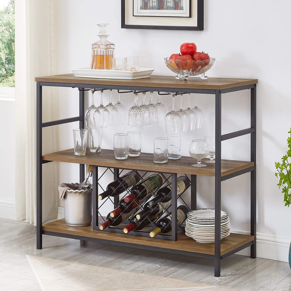 Industrial Rustic Wine Rack Table with Glass Holder & Storage - Oak Wood & Metal Bar Buffet Cabinet for Dining Room, Kitchen or Home Bar Decor