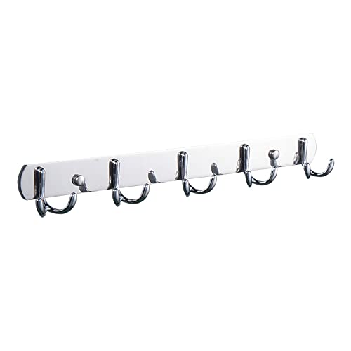 Stainless Steel Wall Mounted Coat Hooks - 5 Adjustable Dual Prong Hooks for Hats, Coats & Clothes (450mm/17.72
