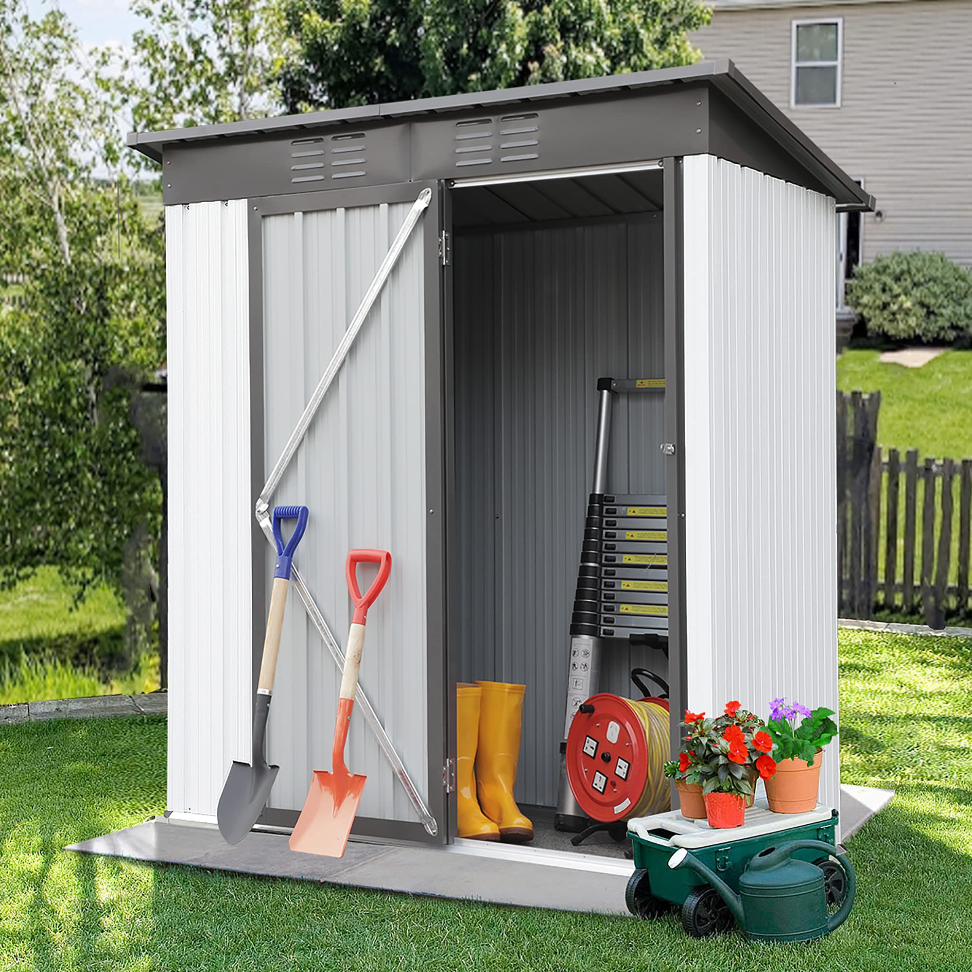 5 x 3ft Outdoor Metal Storage Shed with Lockable Doors - Sun Protection & Waterproof Tool Shed for Garden, Patio, Lawn & Backyard Organization (Gray) - Perfect for Storing Lawn Mowers, Gardening Tools & Outdoor Equipment