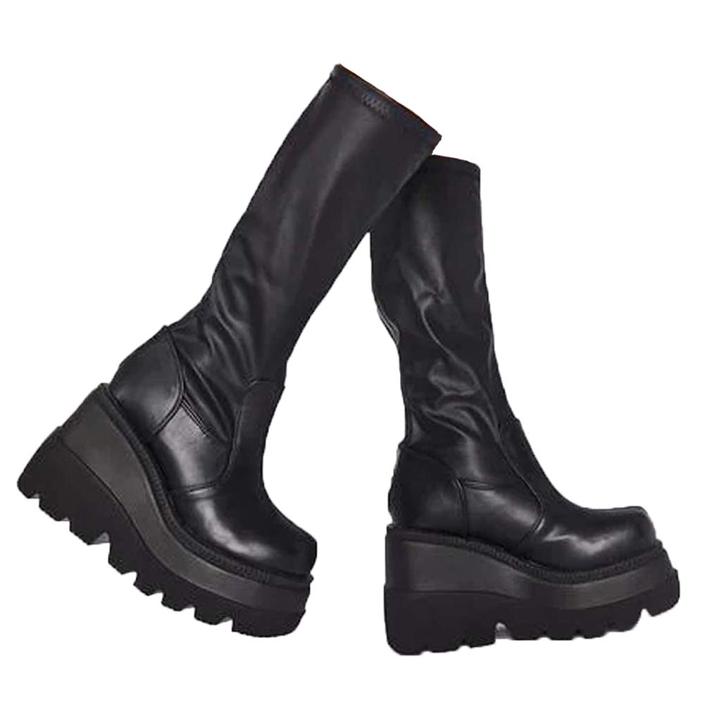 VOMIRA Women's Black Wedge Platform Boots - Mid Calf Round Toe Chunky Heel Shoes for Fall Winter Fashion, Comfortable & Stylish for Daily Wear, Office, Party and Outdoor Activities