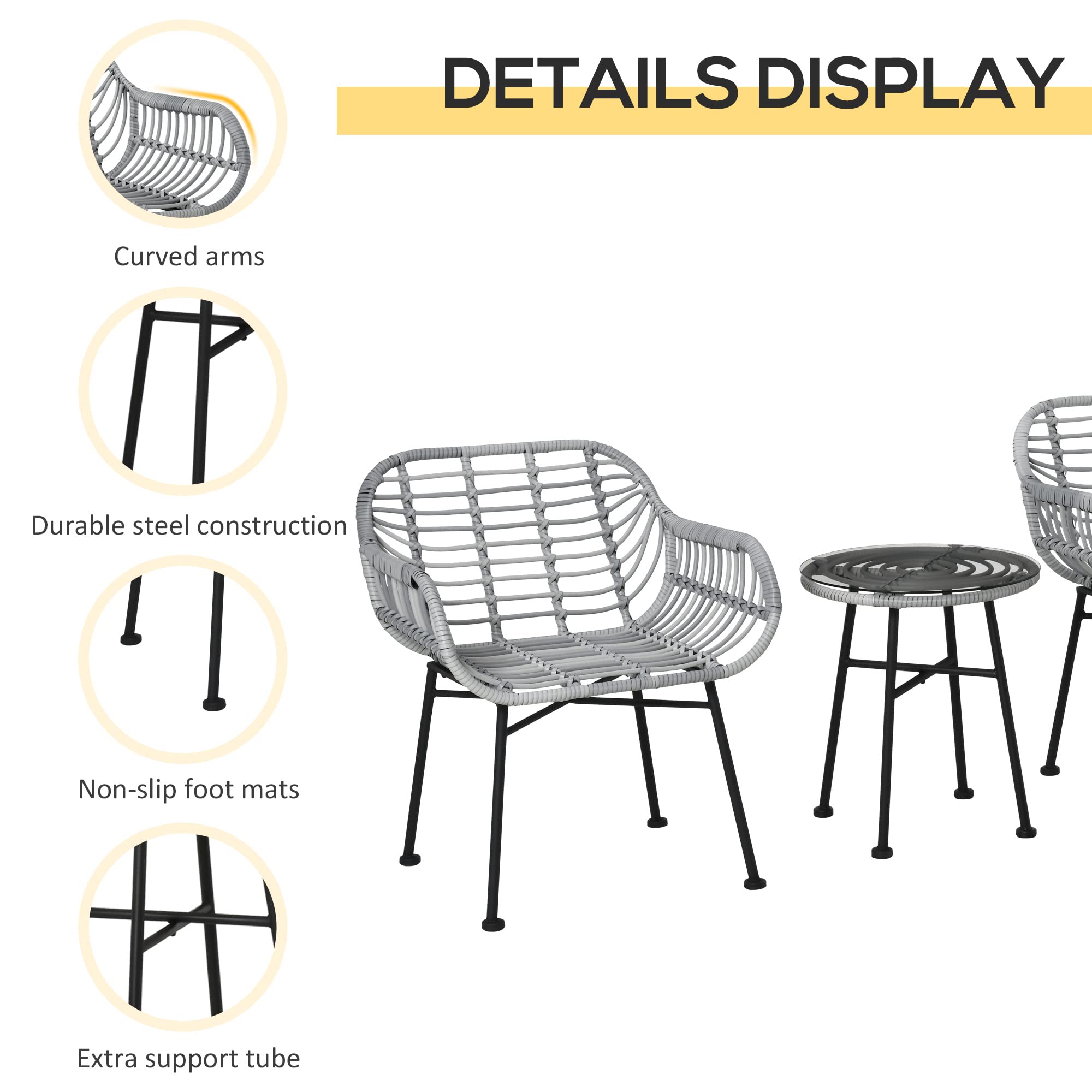 Outsunny 3-Piece Patio Set - PE Rattan Wicker Bistro Table & Chairs with Cushions & Tempered Glass Top | Modern Hand-Woven Outdoor Furniture for Garden, Porch, Poolside & Backyard | Cream White Patio Dining Set for Relaxing & Entertaining