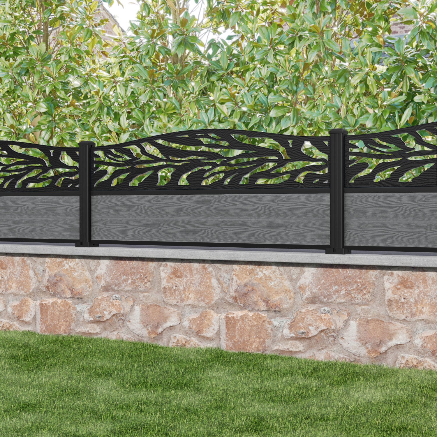 Classic Malawi Curved Top Fence Panel - Mid Grey with Aluminum Posts | Durable Garden Fencing for Backyard Privacy & Decoration