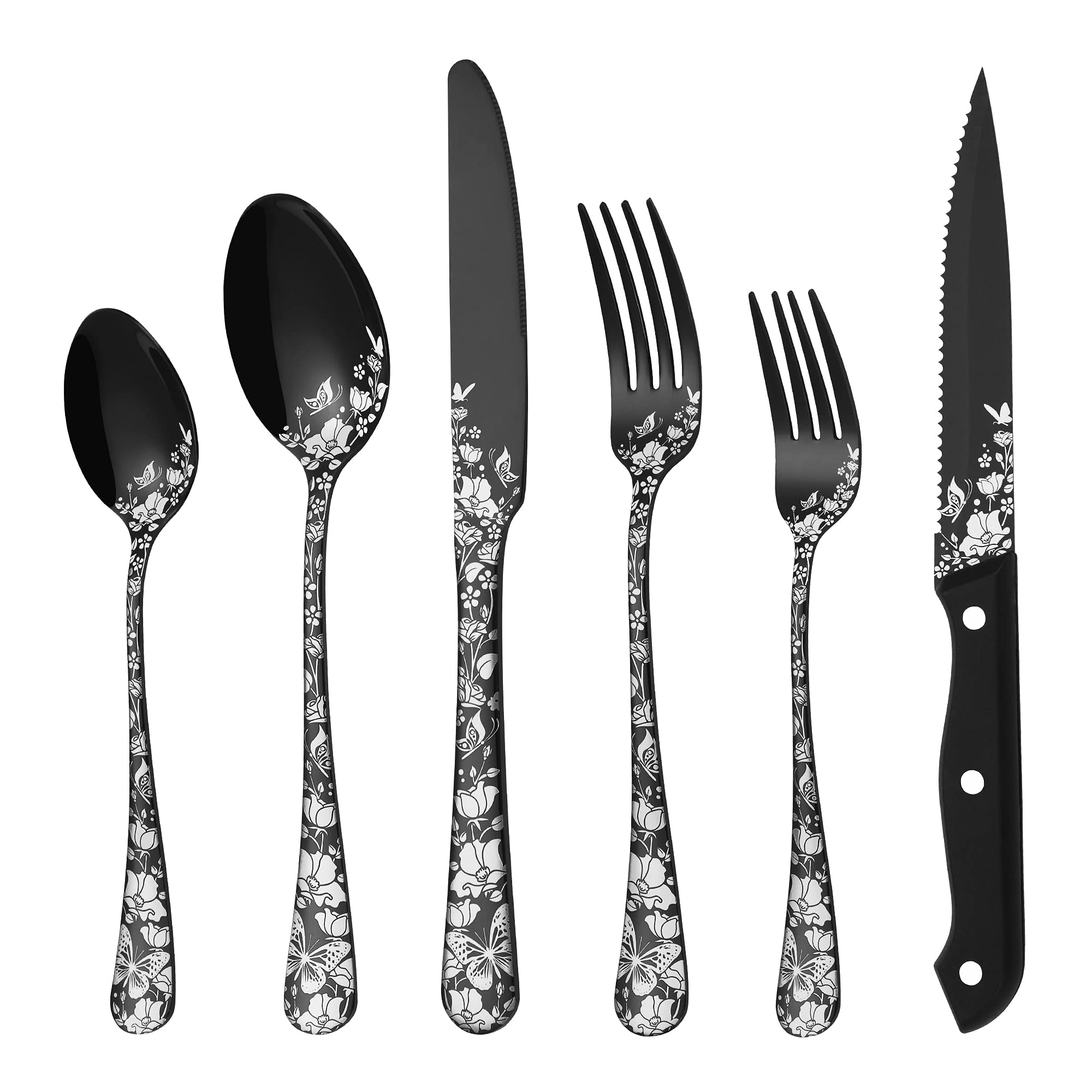 24-Piece Stainless Steel Flatware Set for 4 - Black Mirror Polished Silverware with Steak Knives, Forks & Spoons | Dishwasher Safe Cutlery Set | Perfect for Dinner Parties, Restaurants & Everyday Use