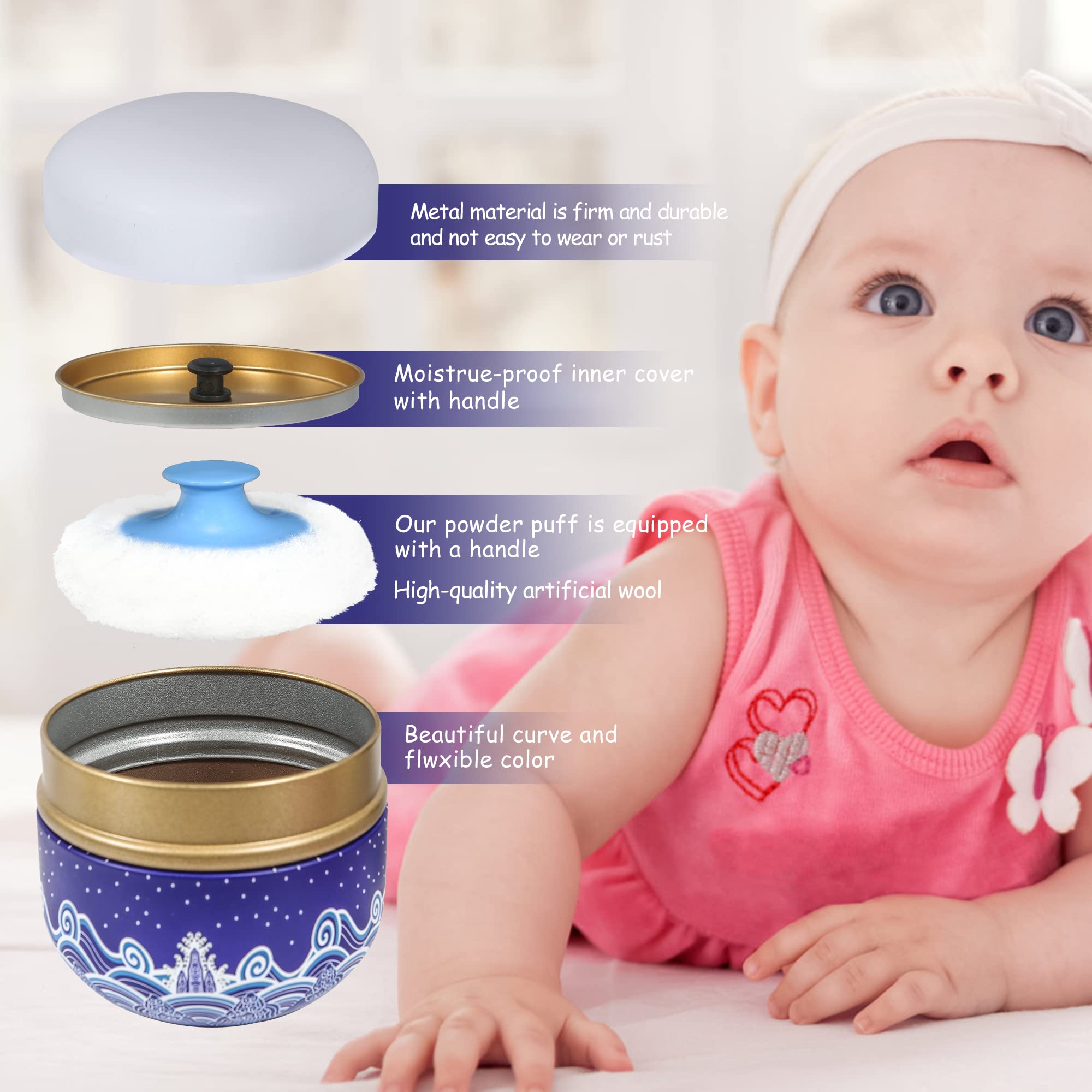 WEMEGA Travel Body Powder Case with Powder Puff - Compact Powder Container for Baby & Women - Perfect for On-the-Go, Gym, Makeup Touch Ups & Diaper Bag Essentials (Blue Sea)