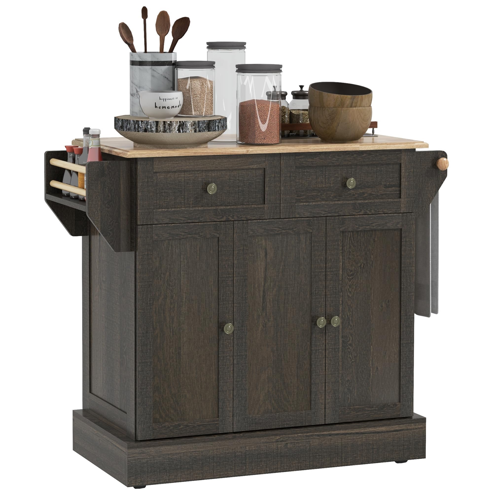 HOMCOM Triple-Cabinet Kitchen Island with Wheels - Rolling Storage Cabinet with Drawers, Wood Countertop, Towel Rack & Spice Stand - Distressed Brown Finish for Modern Farmhouse Kitchen, Dining Room or Small Space Organization