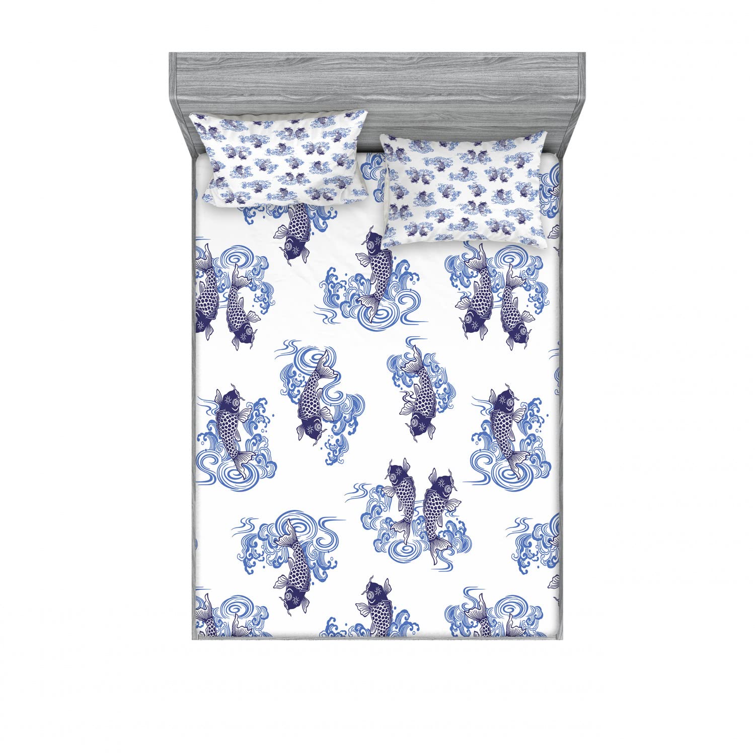 Ambesonne Japanese Style Carp 2-Pack Queen Fitted Sheet Set with 4 Pillow Shams - Dark Blue Fish Pattern Bedding Decor for Home, Guest Room & Dorm - Soft Wrinkle-Resistant Luxury Cotton Blend