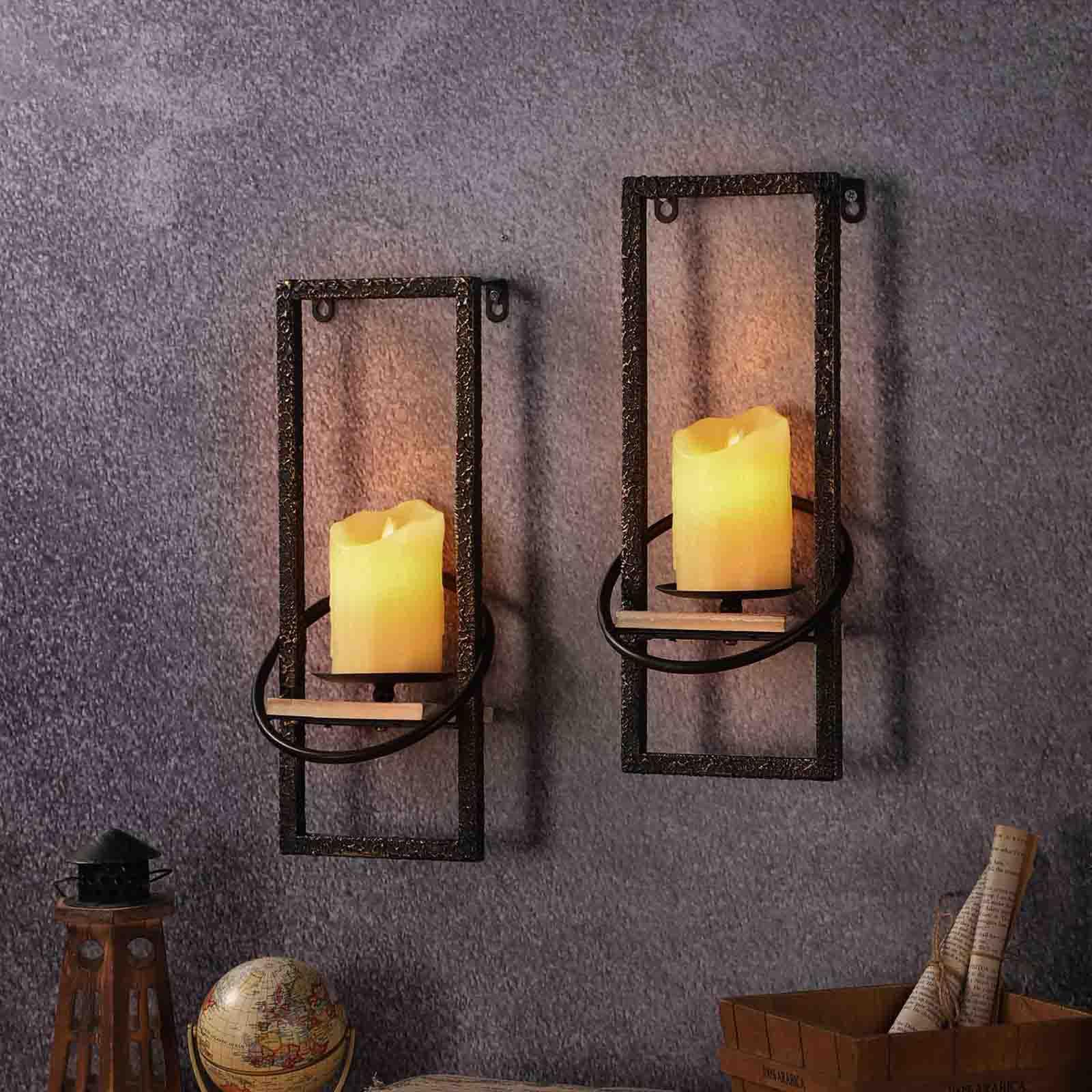 GAKA Set of 2 Black Iron & Wood Wall Sconce Candle Holders - Rustic Metal Hanging Wall Mount Candleholders for Home Decor, Bedroom, Living Room, Patio Lighting
