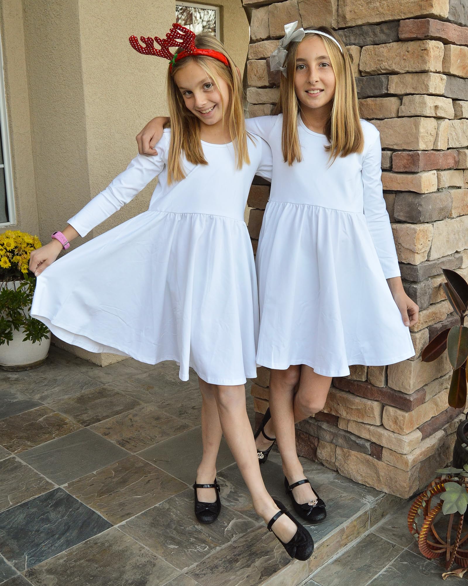 Stelle Girls Long Sleeve White Cotton Skater Dress - Twirl A-Line Toddler Dress for School, Casual Wear & Easter Outfits | Perfect for Playdates, Parties and Special Occasions