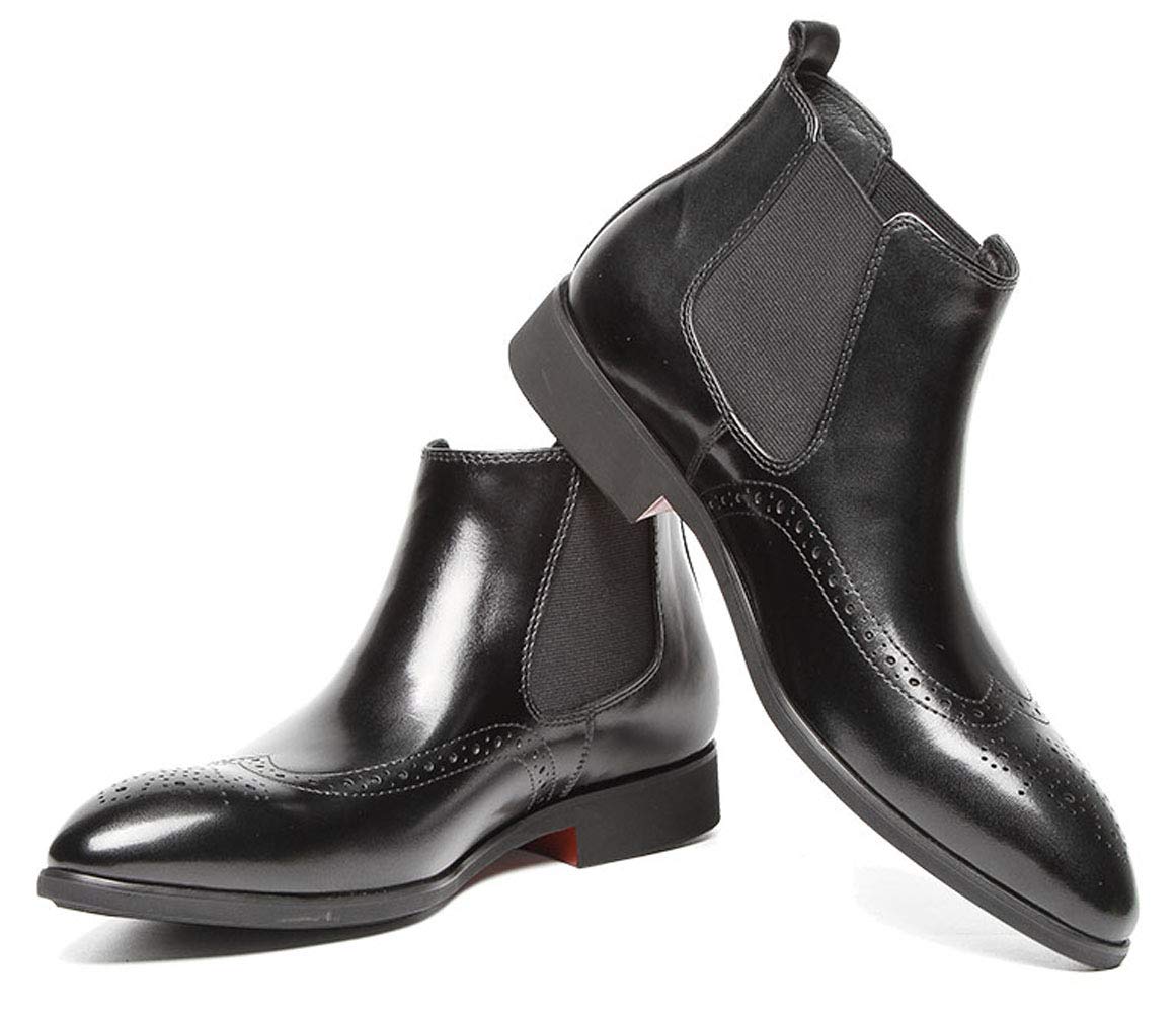 Santimon Men's Leather Chelsea Boots - Slip On Dress Ankle Boots with Brogue Detailing - Black - Perfect for Casual, Business & Formal Occasions