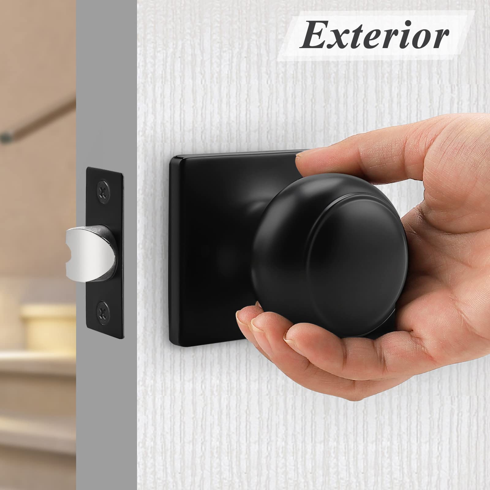 **Probrico 6-Pack Black Keyless Non-Locking Flat Ball Door Knobs - Square Rosette Interior Passage Knob for Hall, Closet & Bedroom Doors - Easy Installation & Smooth Operation**