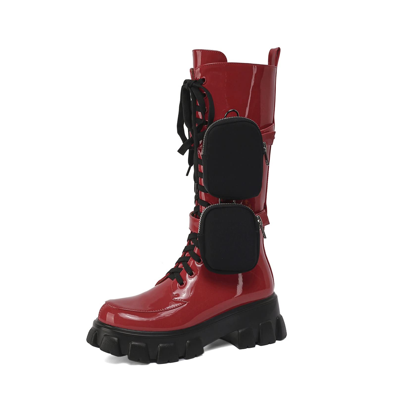 FiveShops Women's Retro Round Toe Motorcycle Boots - Chunky Lace-Up & Side Zipper Riding Boots with Free Small Wallet - Breathable Comfort for Biker, Casual & Outdoor Wear