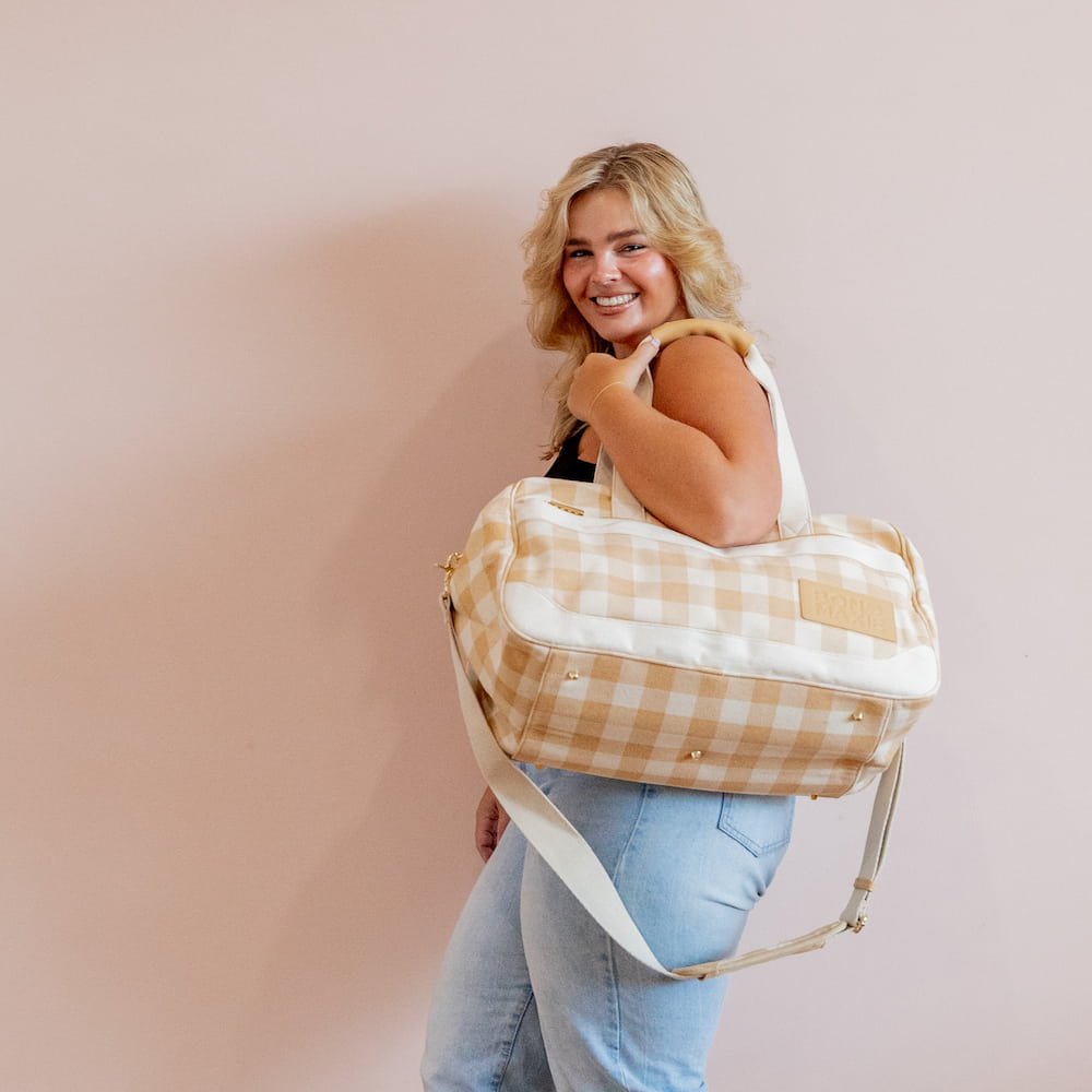 Bon Voyage Weekender Bag - Almond Gingham Pattern Travel Duffel for Women & Men | Perfect for Weekend Getaways, Gym, Overnight Trips & Business Travel