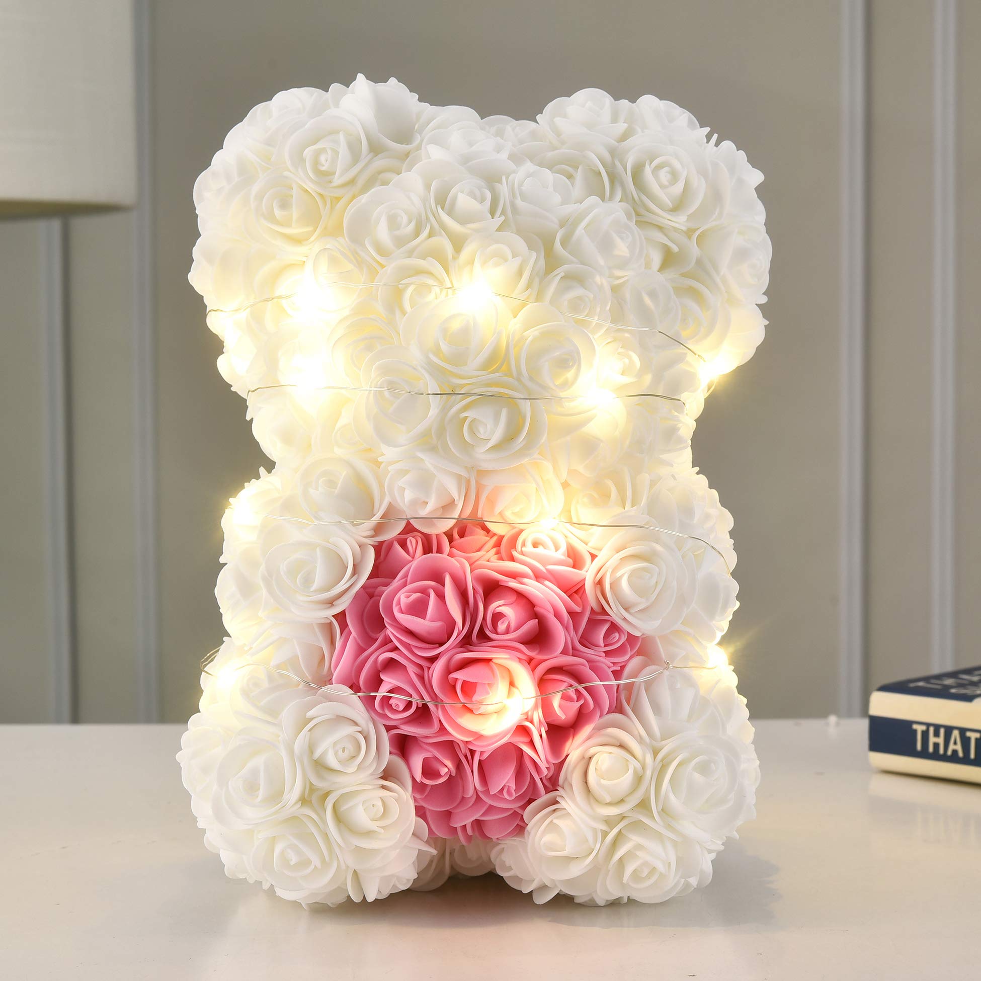 Handmade Rose Teddy Bear - Artificial Rose Flower Bear Gift for Mom, Girls, Birthday, Party | Unique Home Decor, Wedding, Valentine's Day Present in Elegant Clear Gift Box (White)