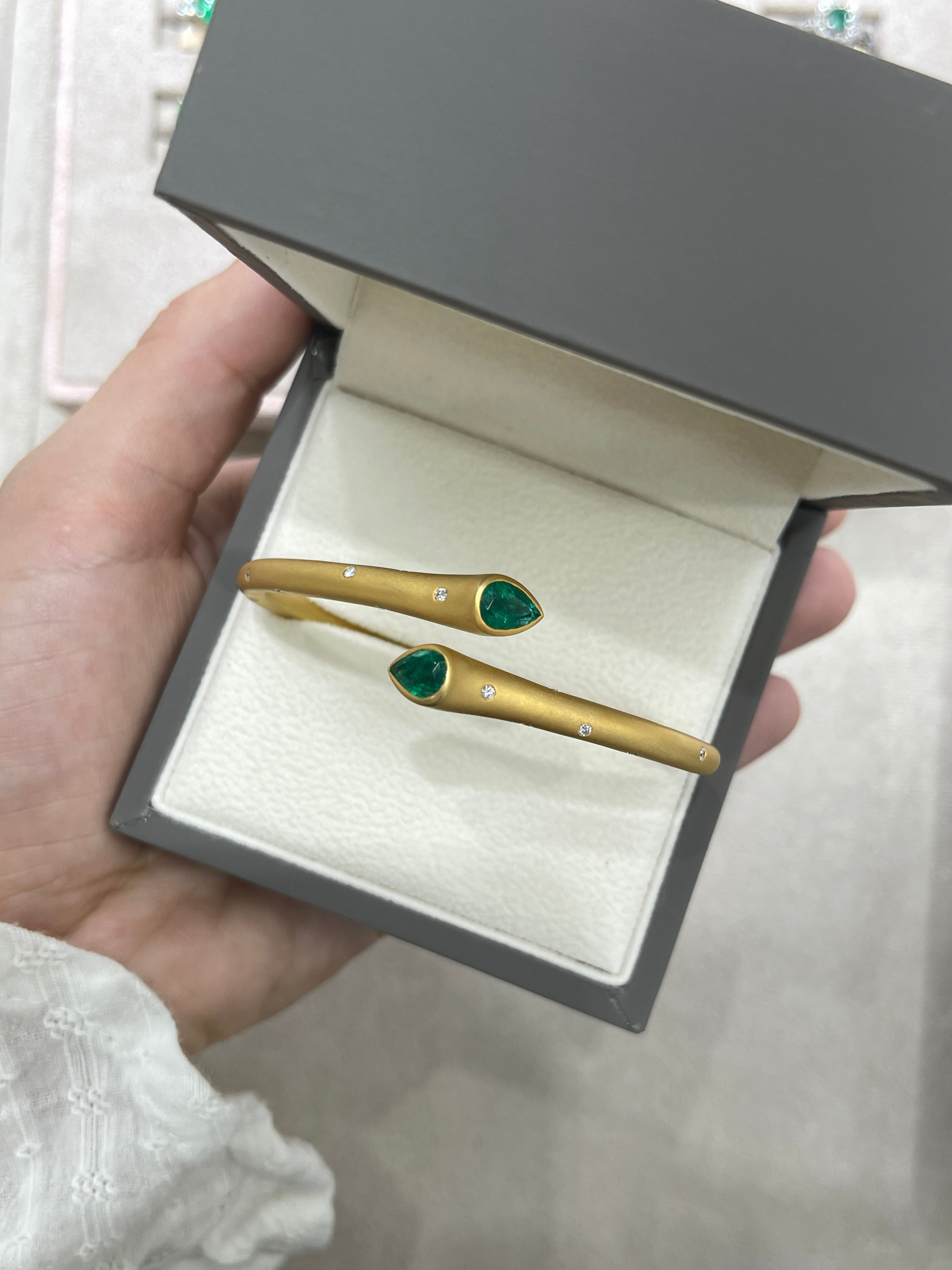 2.93tcw Pear Emerald & Diamond Bypass Cuff Bangle Bracelet in 18K Gold - Elegant Jewelry for Weddings, Parties & Special Occasions