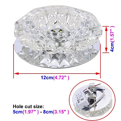 5W LED Recessed Ceiling Light - Flush Mount Crystal K9 Fixture for Porch, Aisle, Hallway - Energy Efficient Pure White Lighting for Home & Office Spaces