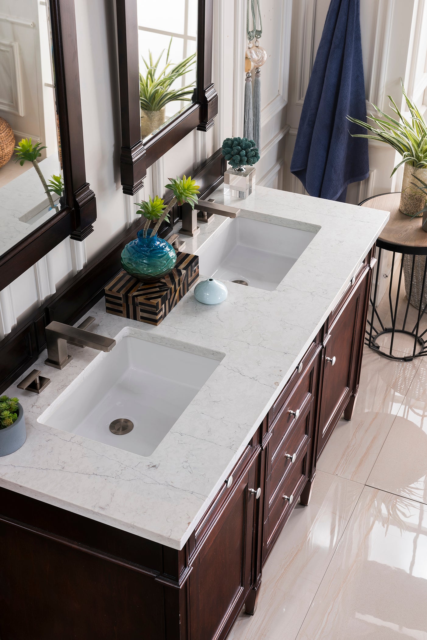 Brittany 60-Inch Burnished Mahogany Double Vanity with 3CM Eternal Jasmine Pearl Quartz Top - Luxury Bathroom Vanity Set for Master Bath & Guest Bath Remodel