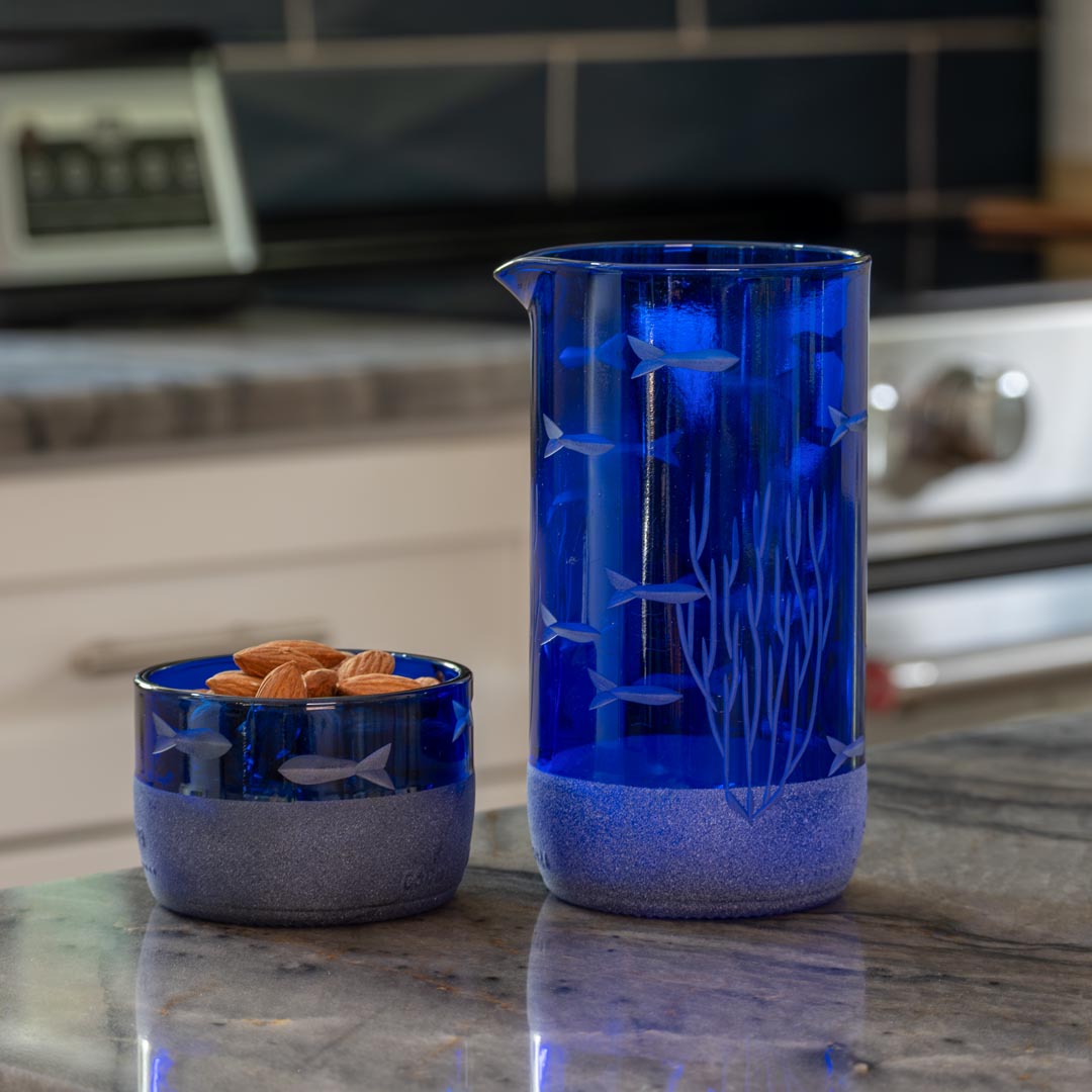 School of Fish Twice Around Blue 13oz Pitcher & 2” Mini Sipper Set - Glass Drinkware with Gift Box - Perfect for Home Decor, Party Serving & Unique Gifts