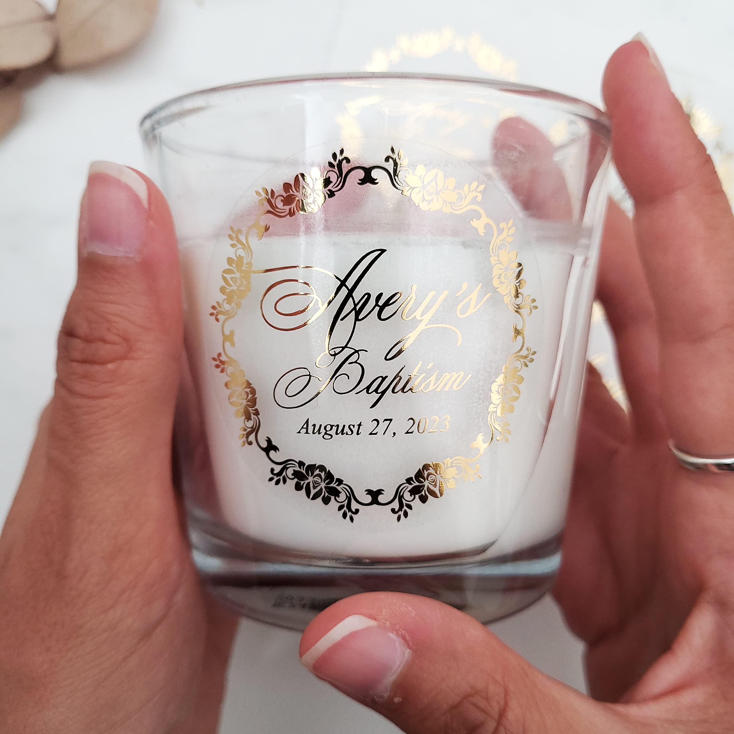 Custom Gold Foil Baptism Stickers - Personalized Christening Labels for Favors, Gifts, Candles & Bottles (2