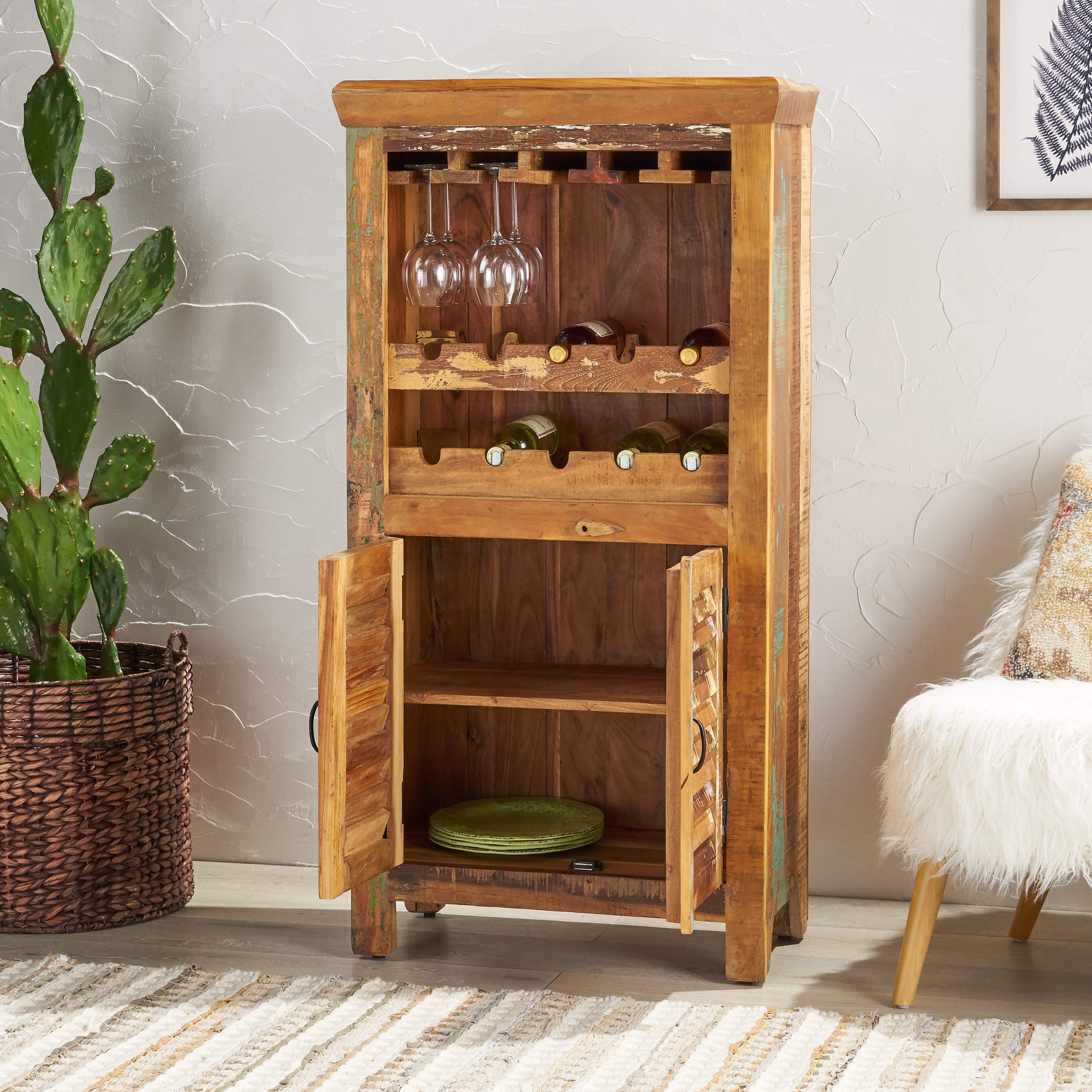 GDFStudio Sandy Wooden Bar Cabinet with Distressed Paint Finish - Rustic Home Bar Furniture for Living Room, Dining Room or Man Cave