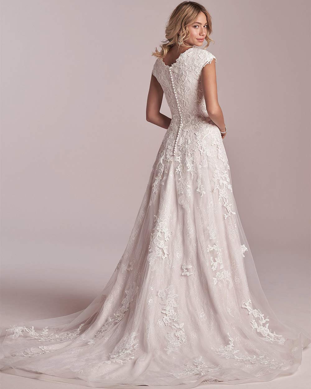 Elegant A-Line Modest Wedding Dress with Jewel Neck, Cap Sleeves & Lace Detailing | Long Train Bridal Gown in White (Size 6) | Perfect for Church, Beach or Garden Weddings