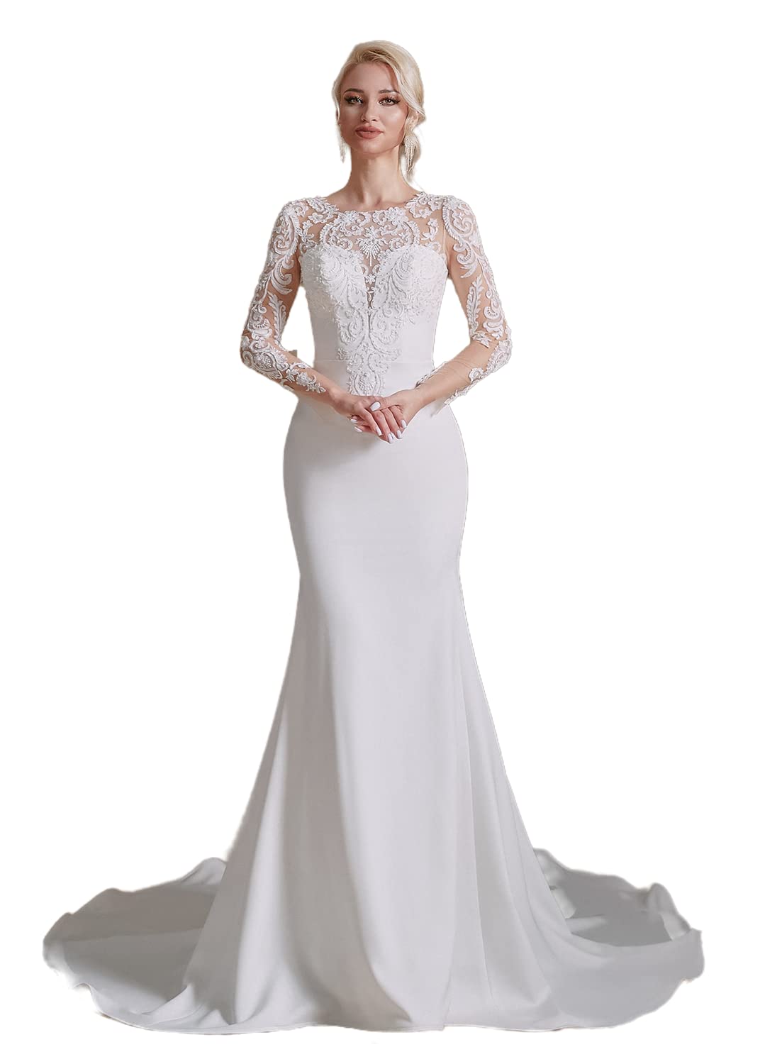 2022 Elegant Lace Appliques Chiffon Wedding Dress for Bride - Long Sleeves Beach Bridal Gown | Perfect for Beach Weddings, Outdoor Ceremonies & Romantic Photos
