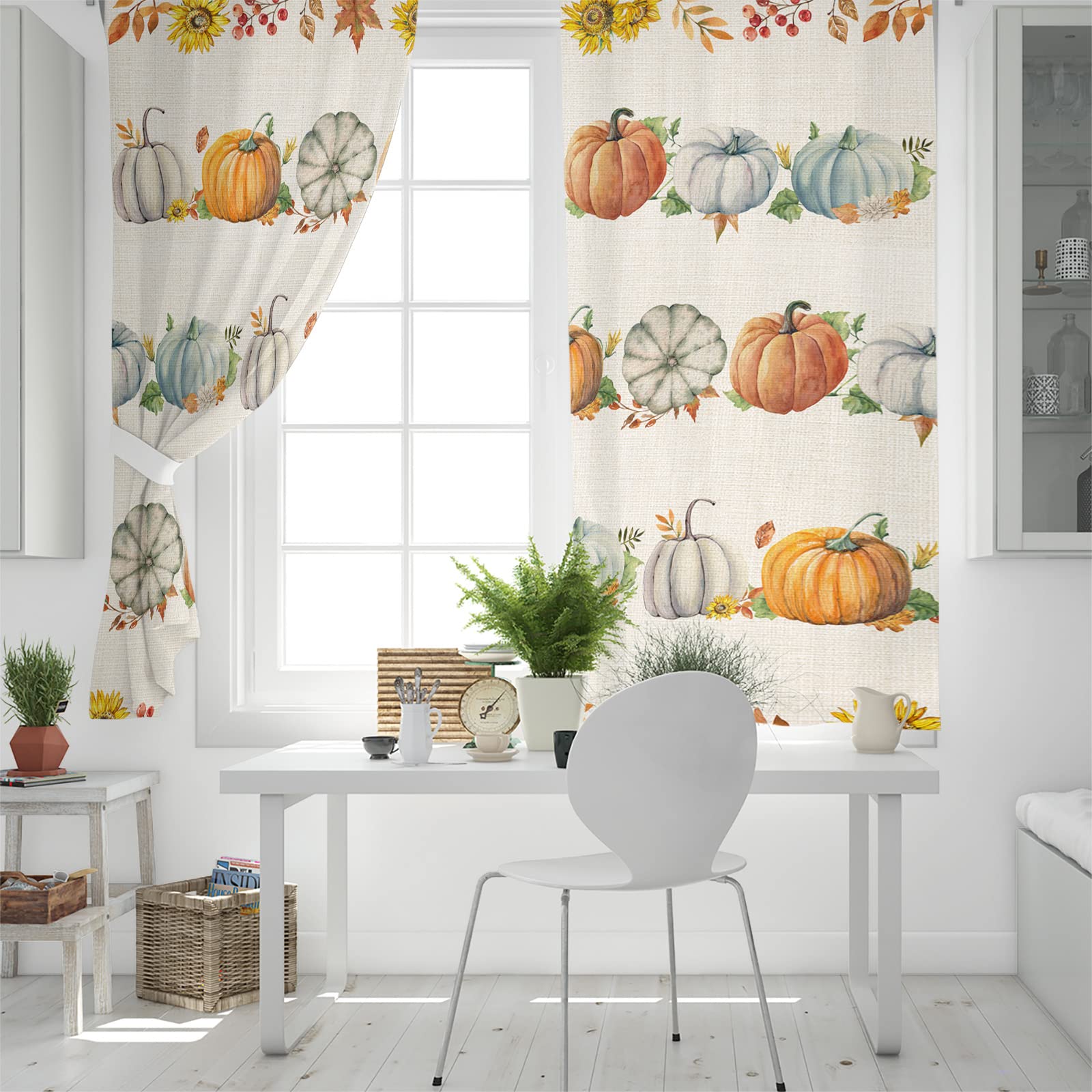 Thanksgiving Blackout Curtains - Thermal Insulated Room Darkening Drapes with Pumpkin Sunflower & Fall Maple Leaves Design, 63 Inch Length Grommet Window Curtains (Set of 2 Panels) for Living Room & Bedroom - Perfect for Holiday Decor, Light Blocking & Energy Efficiency