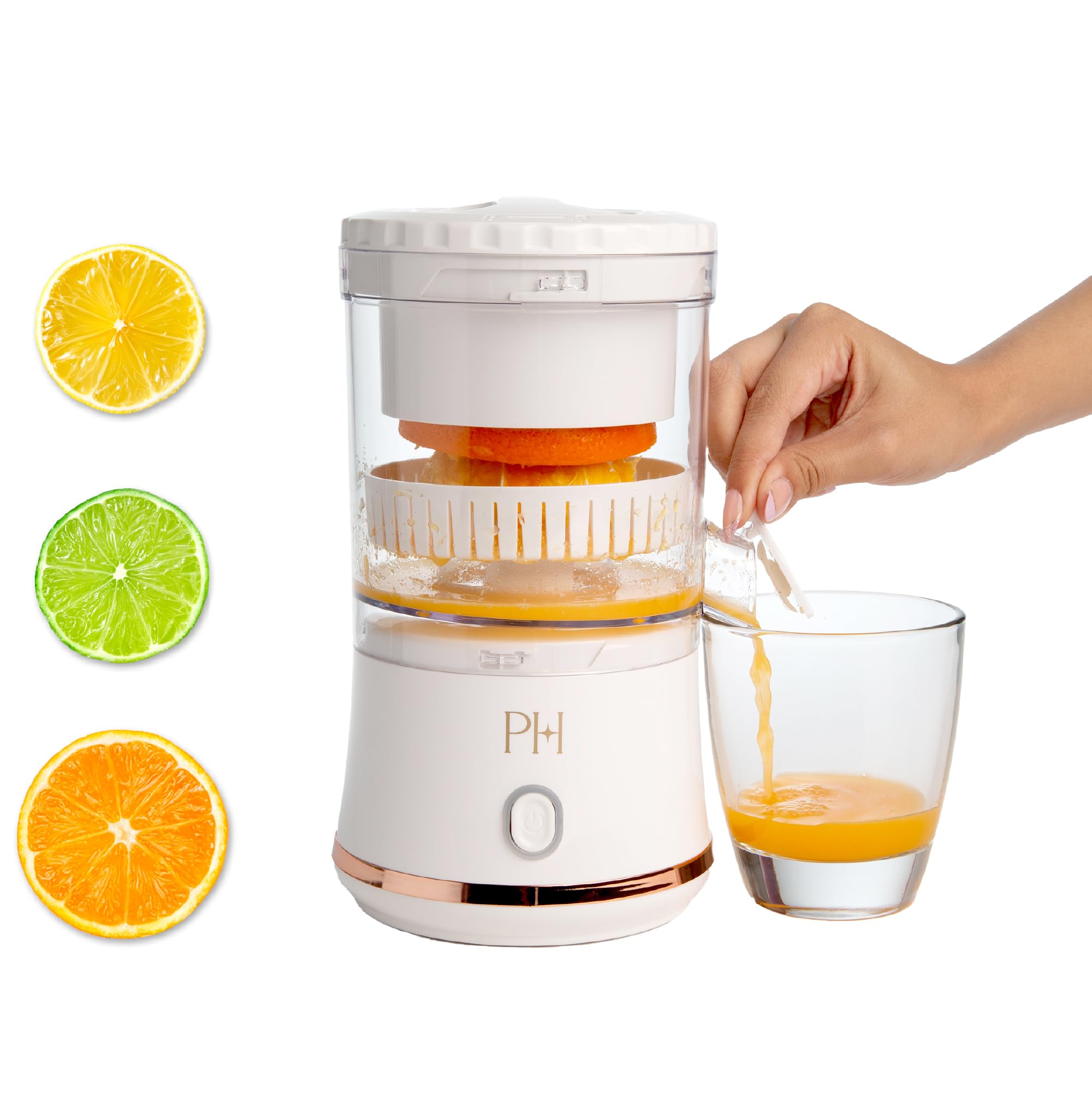 Paris Hilton Electric Citrus Juicer - Mini Portable USB Rechargeable Cordless Juicer with One-Touch Button for Lemon, Lime & Orange - Compact White Juicer for Kitchen, Camping & Travel