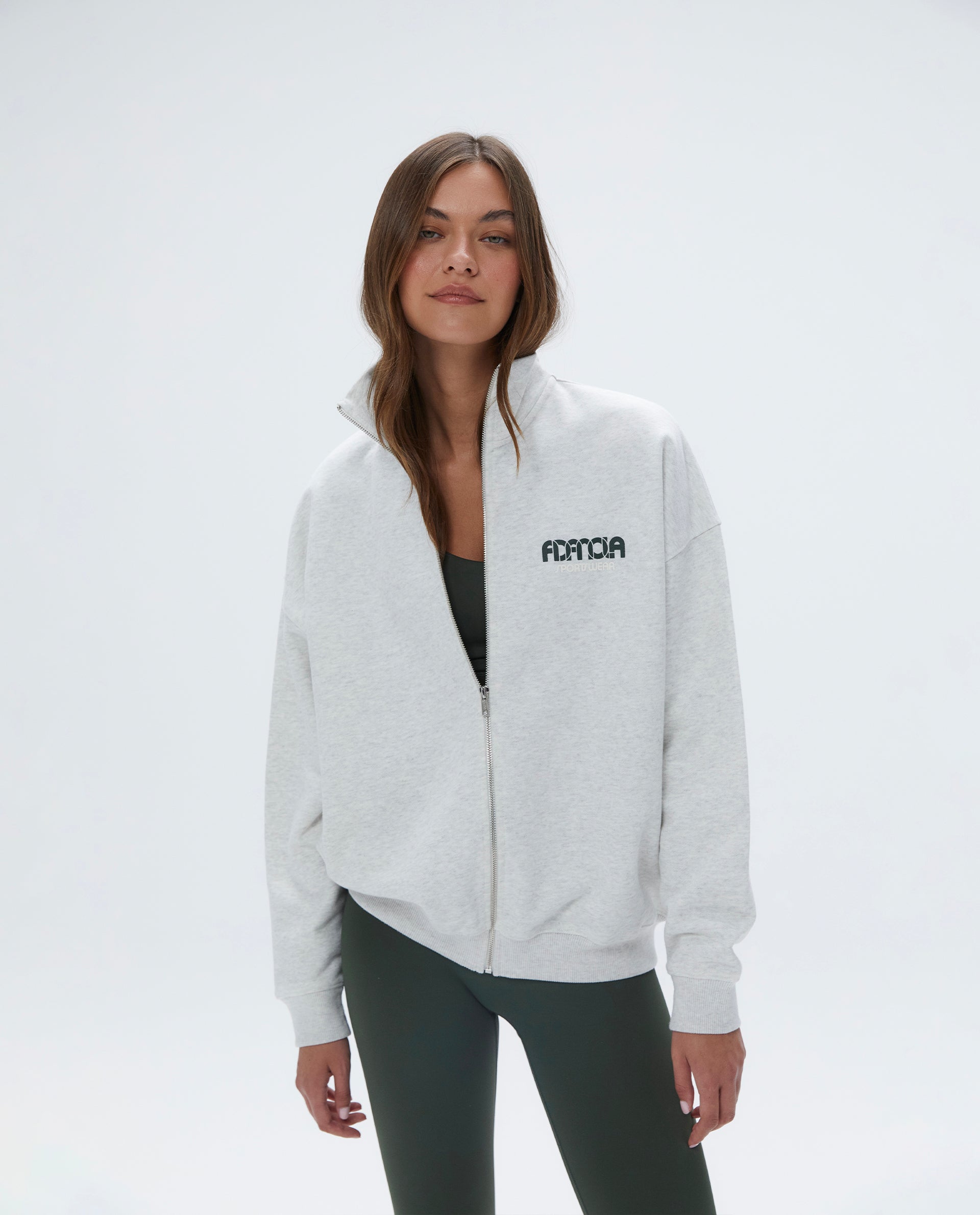 Oversized Full Zip Funnel Neck Sweatshirt - Light Grey Melange & Dark Olive | Women's Sportswear Hoodie for Gym, Running & Casual Wear