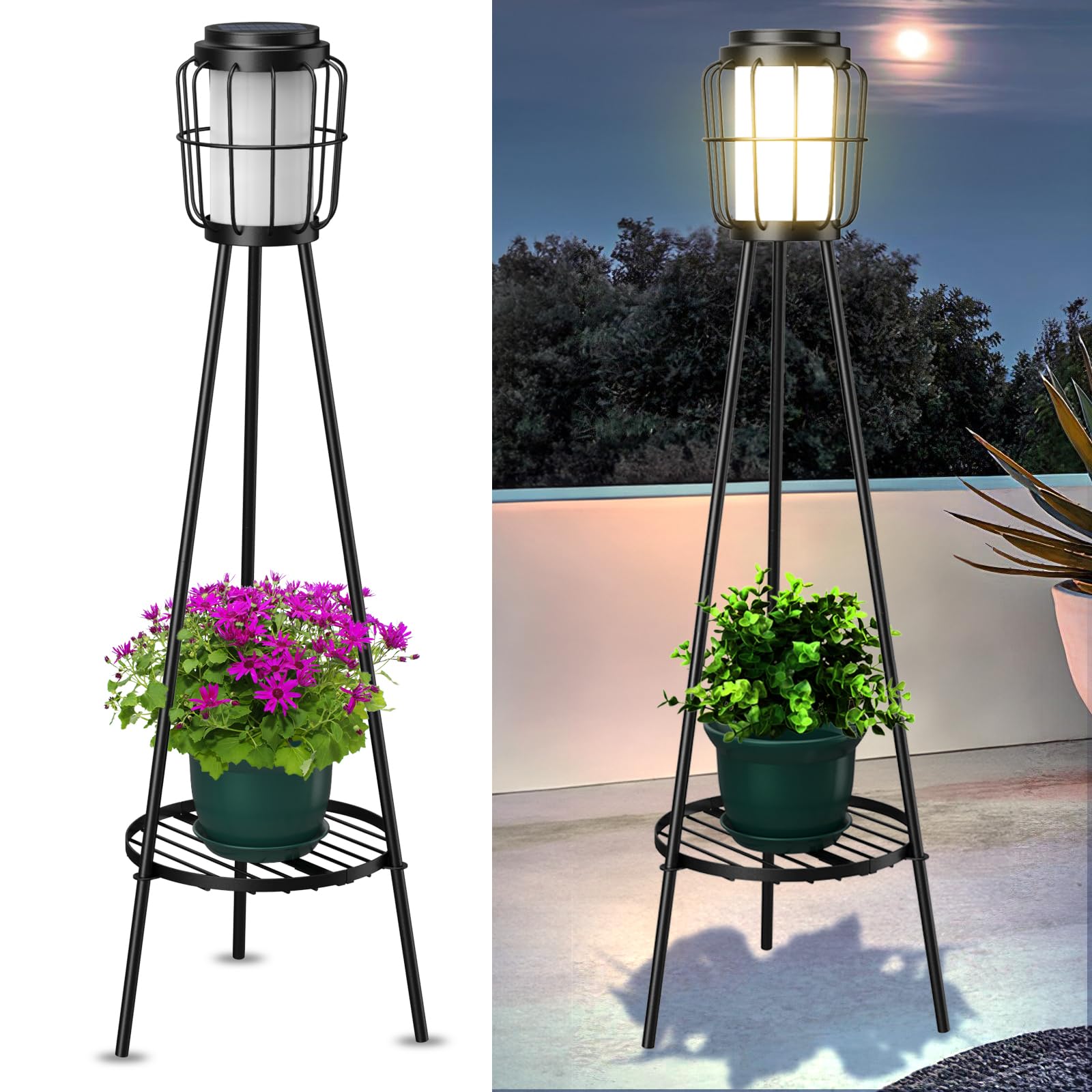 2 Pack Solar Powered Outdoor Lights with Plant Stands - Waterproof Solar Floor Lamp & Street Lights with Metal Tripod for Garden, Yard, Pathway - Perfect for Patio Decor, Driveway Lighting and Porch Illumination at Night